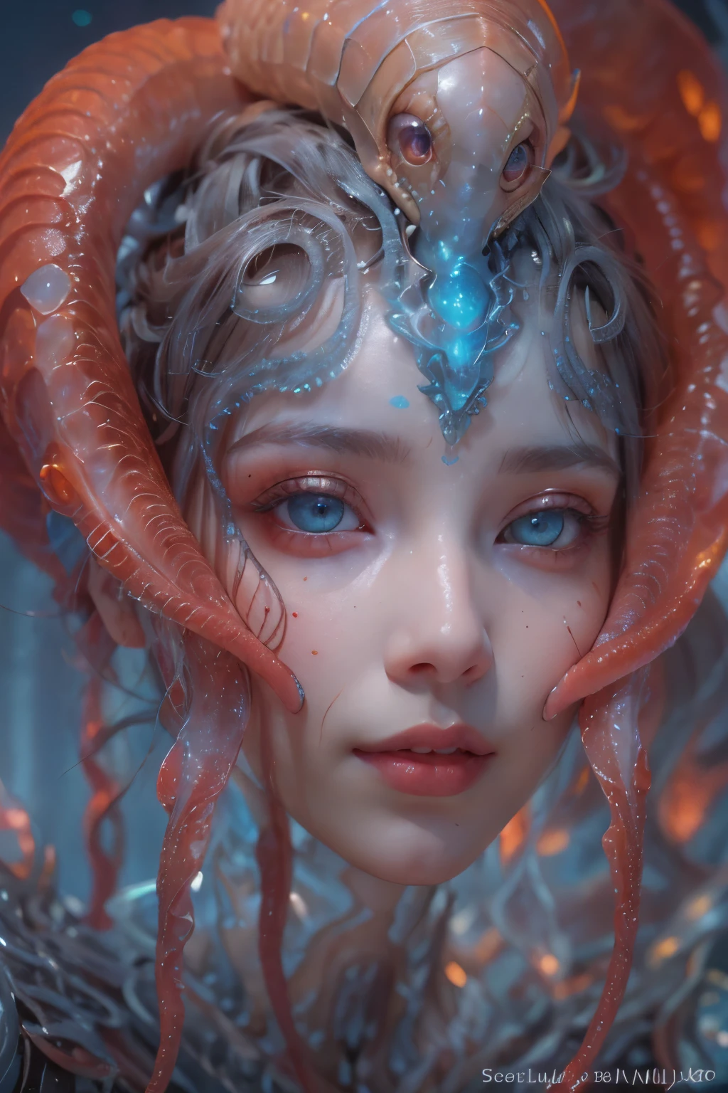 Portrait, (1 beautiful female alien:1.2),  (There is a female genital-like organ in the middle of the forehead:1.8), (The most beautiful face in the history of the universe:1.2), (Scarlet eyes that shine mysteriously:1.6), (Translucent skin:1.8), an evil gaze that seduces, (red eyes:1.5), (large mouth:1.1), sharp teeth like a shark, Full body like, (bio luminescent:1.2), (Smile wickedly:1.3),  (sexypose:1.5), alien, No humans, cells are fused, (Lots of translucent tentacles:1.1) (Translucent skin:1.3), extraterrestrial, cell, bio image, Best Quality, 8K,4K_quality, High Definition, Dramatic Lighting, masutepiece:1.5,cinematic quality, detail up, (Intricate details:1.2), High resolution, High Definition, drawing faithfully, (Thick eyebrows:1.2), Beautiful eyes with fine symmetry, (Ultra detailed eyes:1.2),(Highly detailed face and eyes:1.2), (High-resolution red-eye:1.4), Intimate face, (Super detailed skin quality feeling:1.4), Perfect Anatomy,  (Beautiful toned body:1.5),  (Moist skin:1.2), No makeup, (dark circles:1.1), long canines, cinematic drawing of characters, ultra high quality model, cinematic quality, detail up, (Intricate details:1.2), High resolution, High Definition, drawing faithfully, Official art, Unity 8K wall  , 8K Portrait, Best Quality, Very High resolution, ultra detailed artistic photography, midnight aura,  unreal enginee 5, Ultra Sharp Focus, art by alberto seveso, ArtGerm, Roisch, intricate artwork, best quality, masutepiece, ultra High resolution, (photos realistic:1.4), Ultra-realistic realism, dream-like,  nautilus, Creation of fantasy, Snail, Dream Snail,  (biopunk nautilus:1.3), Thrilling color schemes， Ultra-realistic realism， seductively smiling, Blue tentacles