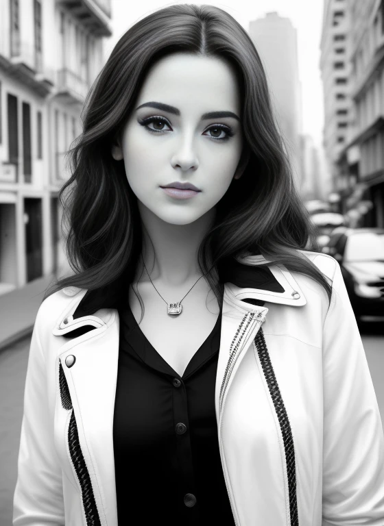 mulher loira com jaqueta e colar em uma rua da cidade, desenhado com photoshop, sketch black and white colors, great arte digital with details, desenho digital realista, arte digital picture, realistic sketch, No estilo de arte de Bowater, Arte de linha intensa, digital pencil painting, estilo de arte fotorrealista, arte digital of an elegant, realistic arte digital, arte digital!!