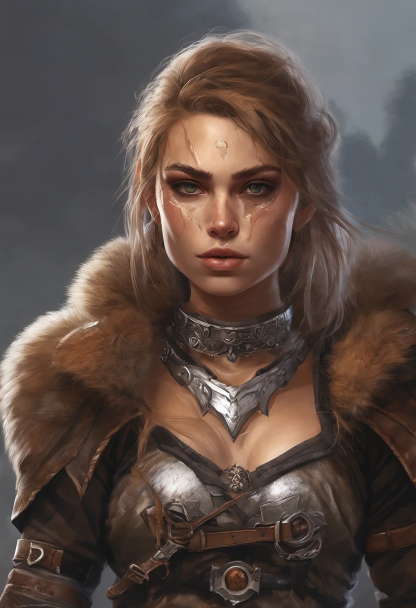 A white paladin girl, black, dark brown eyes, silver earrings, silver tattoos on both arms, one leg and chest, dhe has a bronze/copper neclace, she wears fur gloves, fur boots, leather sskirt, a iron chestplate with a leather long sleeve t shirt, she has has shorts made out of fur,leather and tiny bits of metal, her armor is muddy and bloody