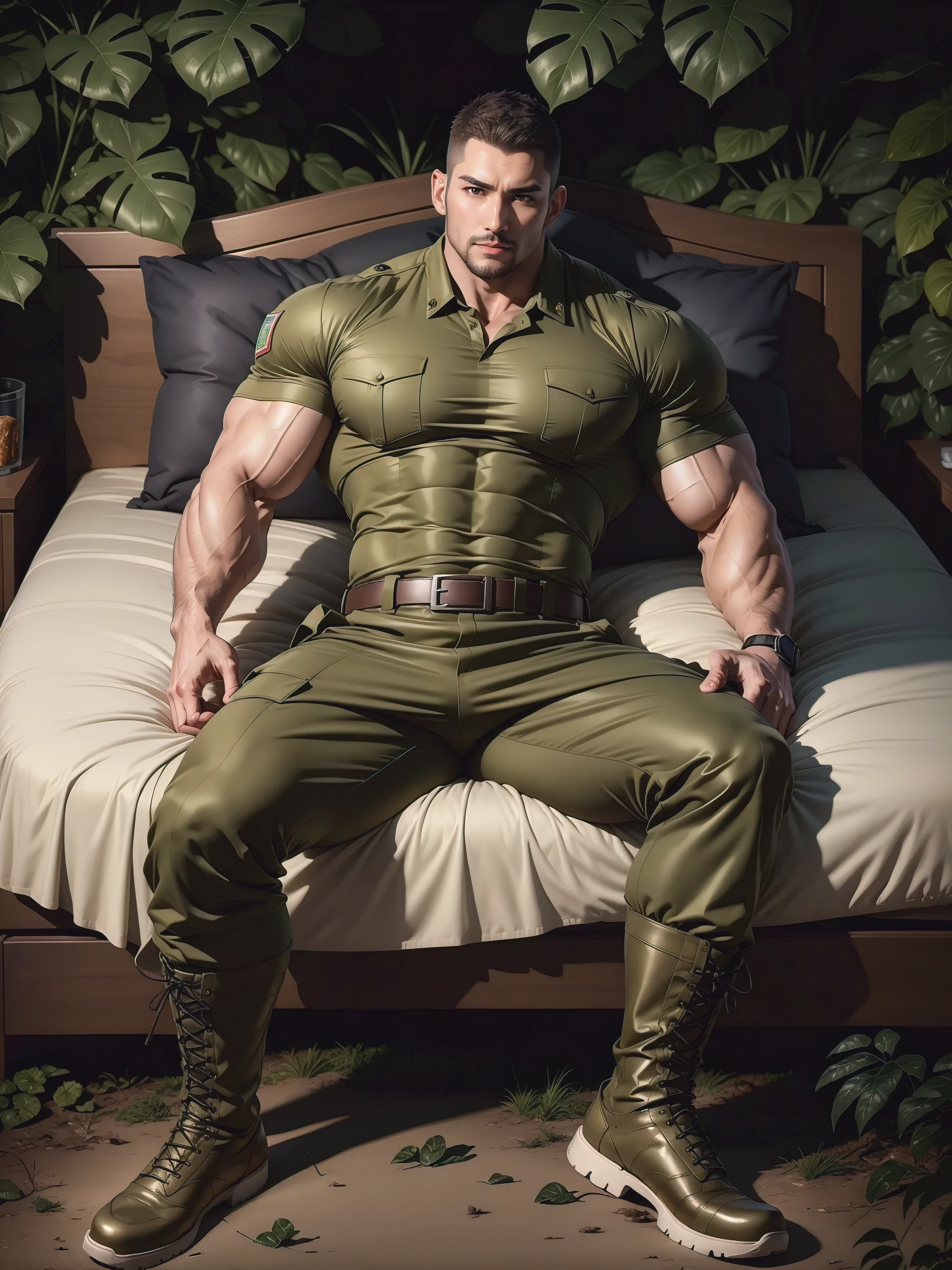Tall muscular man is sleeping and lying down in the forest,Khaki camouflage military uniform,character design(Resident Evil - Chris Redfield,Chris Redfield)buzz clip,身穿Khaki camouflage military uniform,Matte texture,The bed is big, soft and comfortable,Lying down and sleeping in the dark sugar cane jungle, The body is wrapped in thick rattan,expression sad,Deep and charming eyes,The hero with emerald pupils,heroic masculine pose,Tall and burly,musculous!Charming leg muscles,tall, Burly, and strong, 身穿Khaki camouflage military uniform, Super gain and cool, commission for high resolution, Big feet in black boots,Charming strong man,Bright sunlight shines on the body,Matte particles with shiny texture