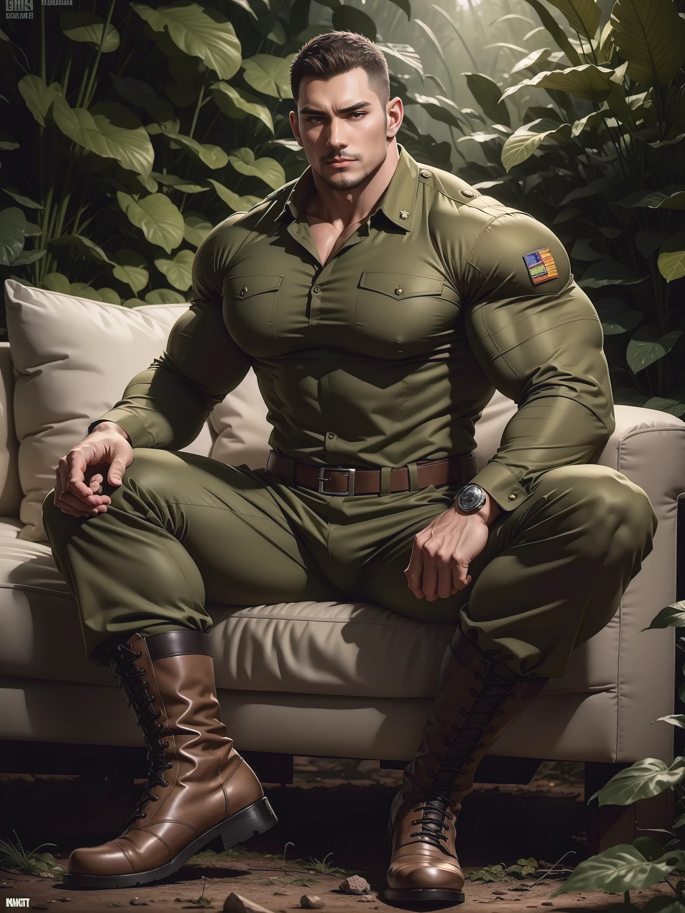 Tall giant muscular man sitting in the forest，Khaki camouflage military uniform，character  design（Resident Evil - Chris Redfield，Chris Redfield）buzz clip，身穿Khaki camouflage military uniform，Matte texture，Soft and comfortable sofa，Sitting in the eerie sugar cane jungle, The body is wrapped in thick rattan，expression sad，Deep and charming eyes，The hero with emerald pupils，heroic masculine pose，Tall and burly，musculous！Charming leg muscles，tall, Burly, and strong， 身穿Khaki camouflage military uniform， Super gain and cool， commission for high resolution， Big feet in black boots，Charming strong man，Bright sunlight shines on the body，Matte particles with shiny texture