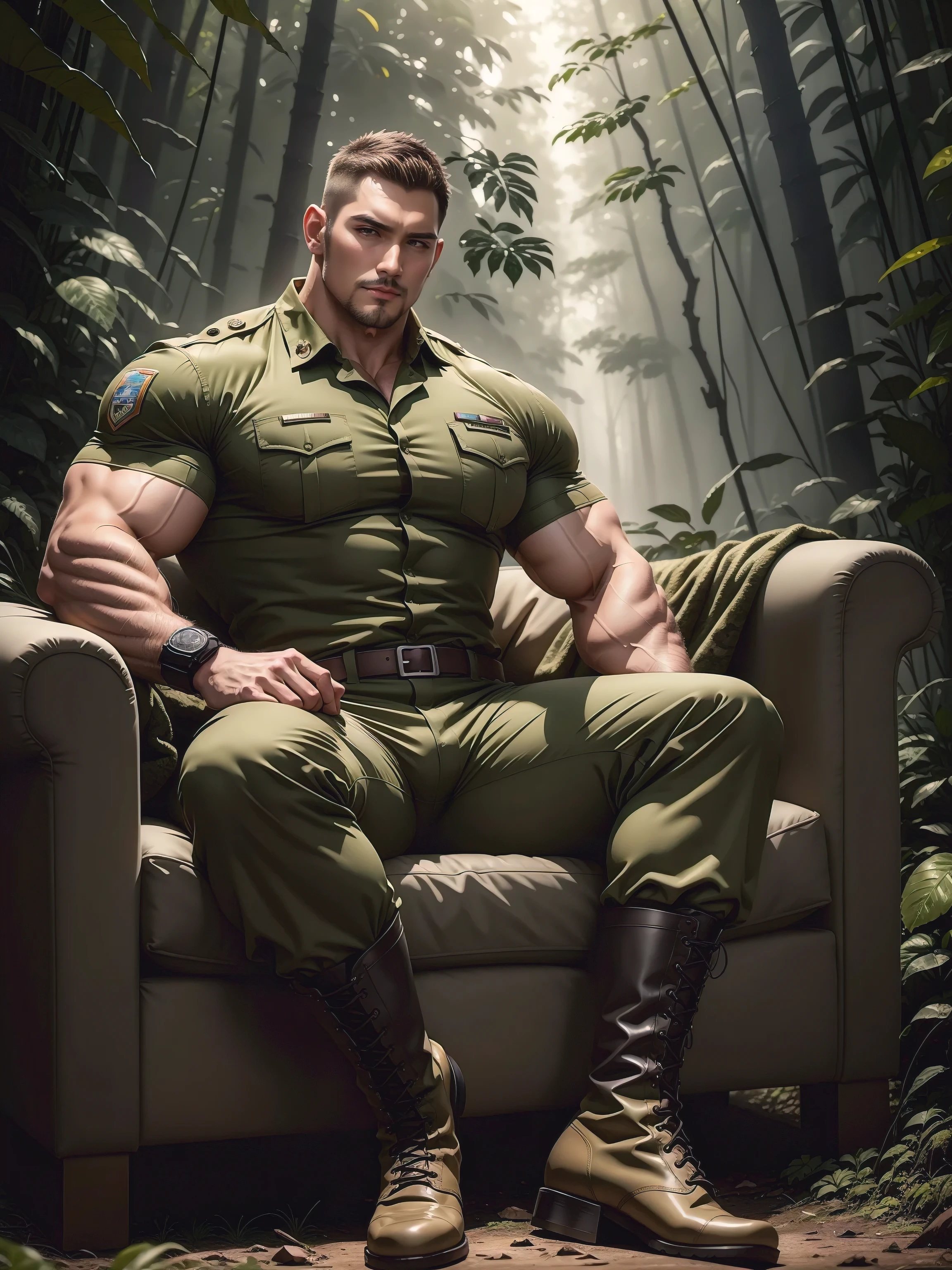 Tall giant muscular man sitting in the forest,Khaki camouflage military uniform,character design(Resident Evil - Chris Redfield,Chris Redfield)buzz clip,身穿Khaki camouflage military uniform,Matte texture,Soft and comfortable sofa,Sitting in the eerie sugar cane jungle, The body is wrapped in thick rattan,expression sad,Deep and charming eyes,The hero with emerald pupils,heroic masculine pose,Tall and burly,musculous!Charming leg muscles,tall, Burly, and strong, 身穿Khaki camouflage military uniform, Super gain and cool, commission for high resolution, Big feet in black boots,Charming strong man,Bright sunlight shines on the body,Matte particles with shiny texture