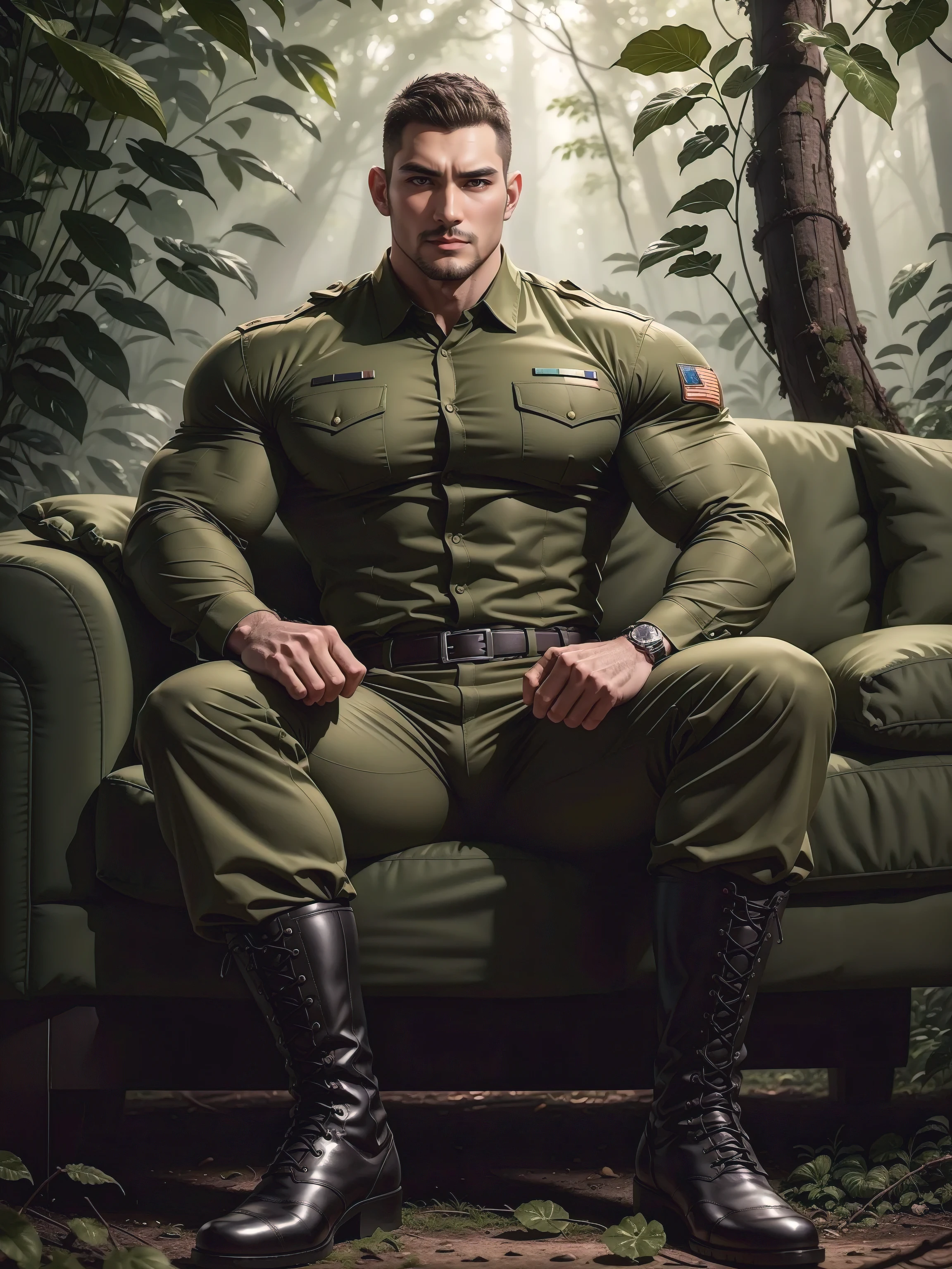 Tall giant muscular man sitting in the forest，Khaki camouflage military uniform，character  design（Resident Evil - Chris Redfield，Chris Redfield）buzz clip，身穿Khaki camouflage military uniform，Matte texture，Soft and comfortable sofa，Sitting in the eerie sugar cane jungle, The body is wrapped in thick rattan，expression sad，Deep and charming eyes，The hero with emerald pupils，heroic masculine pose，Tall and burly，musculous！Charming leg muscles，tall, Burly, and strong， 身穿Khaki camouflage military uniform， Super gain and cool， commission for high resolution， Big feet in black boots，Charming strong man，Bright sunlight shines on the body，Matte particles with shiny texture