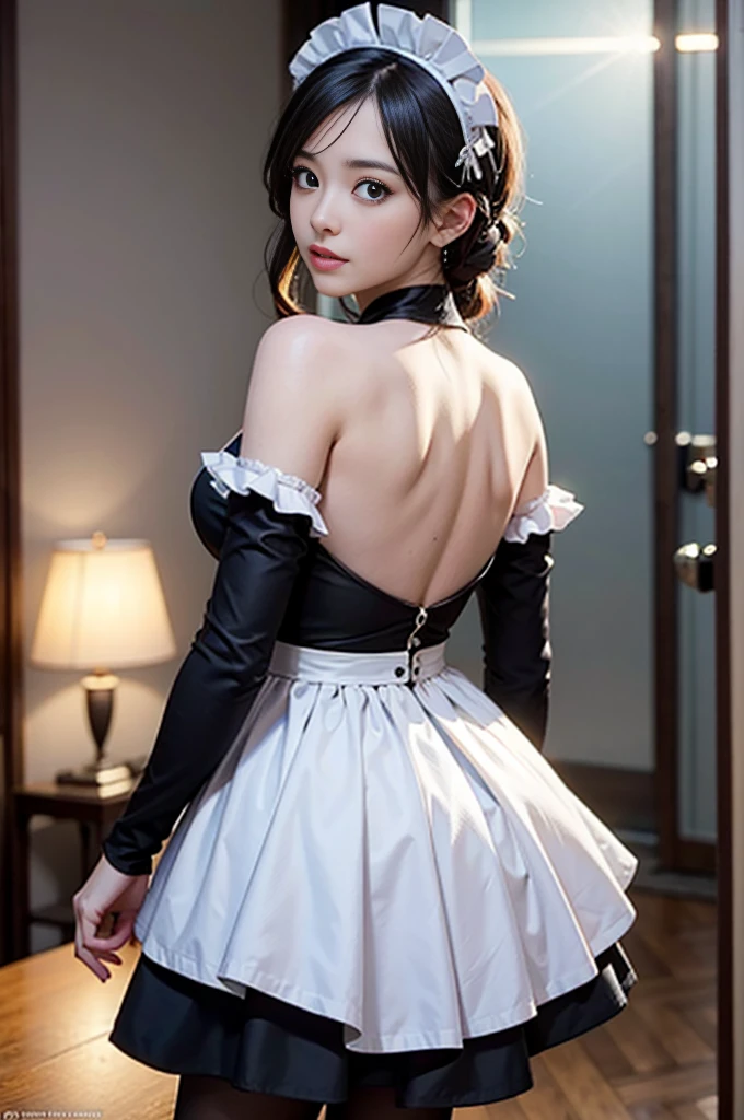 8K, masutepiece, Raw photo, Highest Quality, Photorealistic, High Definition CG Unity 8K Wallpaper, depth of fields, Cinematic Light, Lens Flare, Ray tracing, (Extremely beautiful face, Beautiful lips)Image from the back、Angle from below、micro mini maid outfit,pinkcolor、 breasts are large, maid costume girls,Black tights、cloud, Multicolored, masutepiece,