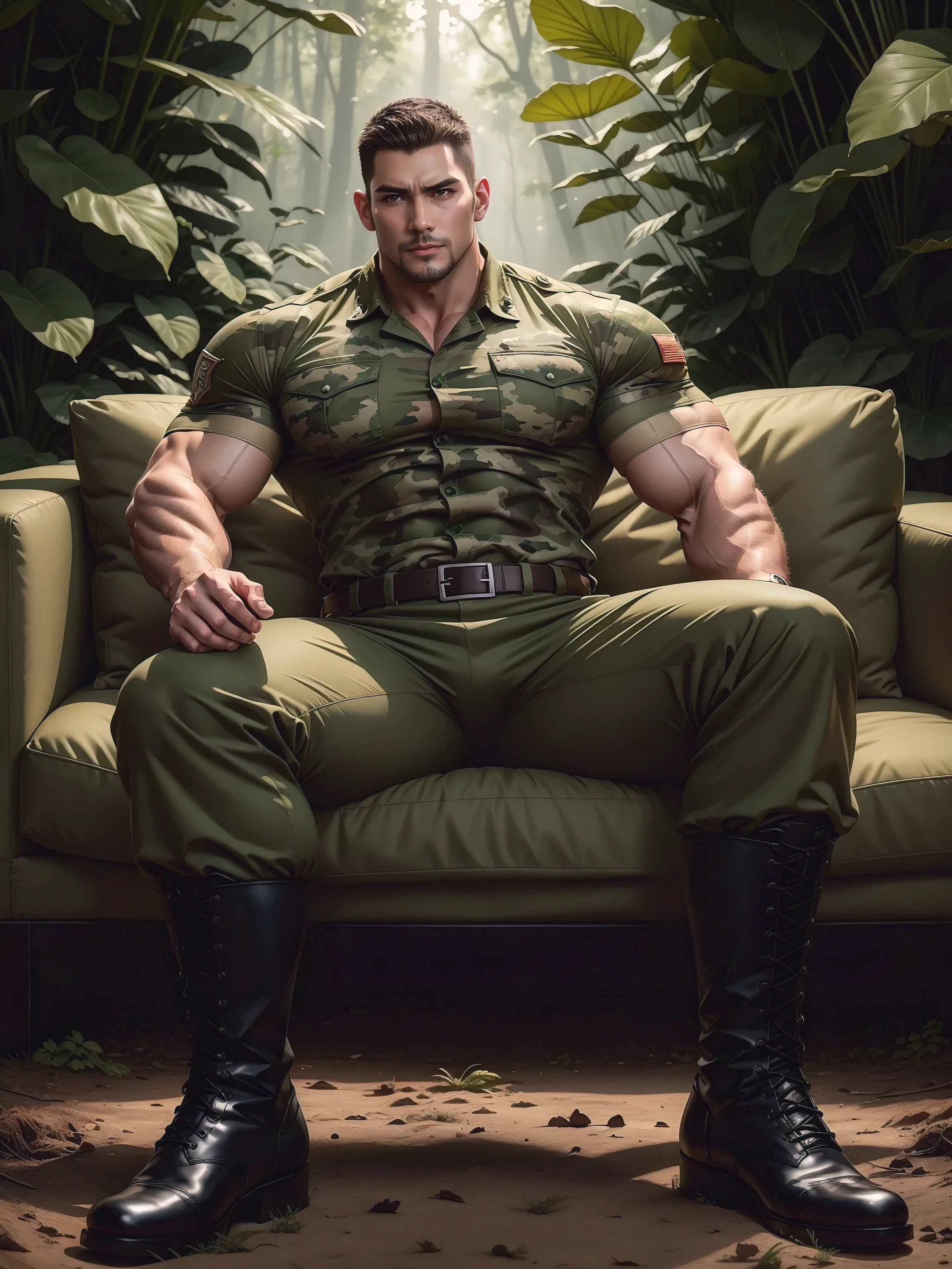 Tall giant muscular man sitting in the forest，Khaki camouflage military uniform，character  design（Resident Evil - Chris Redfield，Chris Redfield）buzz clip，身穿Khaki camouflage military uniform，Matte texture，Soft and comfortable sofa，Sitting in the eerie sugar cane jungle, The body is wrapped in thick rattan，expression sad，Deep and charming eyes，The hero with emerald pupils，heroic masculine pose，Tall and burly，musculous！Charming leg muscles，tall, Burly, and strong， 身穿Khaki camouflage military uniform， Super gain and cool， commission for high resolution， Big feet in black boots，Charming strong man，Bright sunlight shines on the body，Matte particles with shiny texture