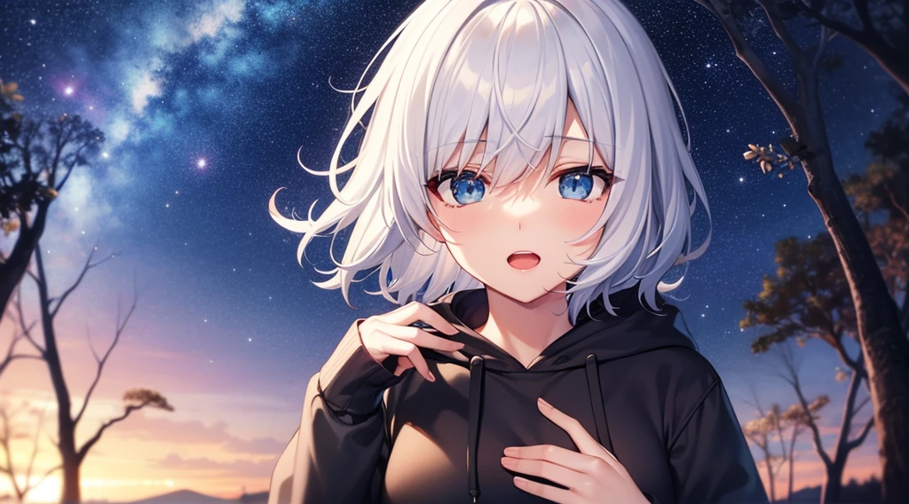 (masutepiece: 1.2, Best Quality), 1 Lady, Solo, silber hair,Shoulder out,Very short hair, long bangs between eyes, blue eyess,Black eyes, Hoodie,White hair, Silver hair, Hoodie, White hoodie、night sky full of stars、rays of moonlight、in woods、izumi、flower field、open open mouth、5 fingers