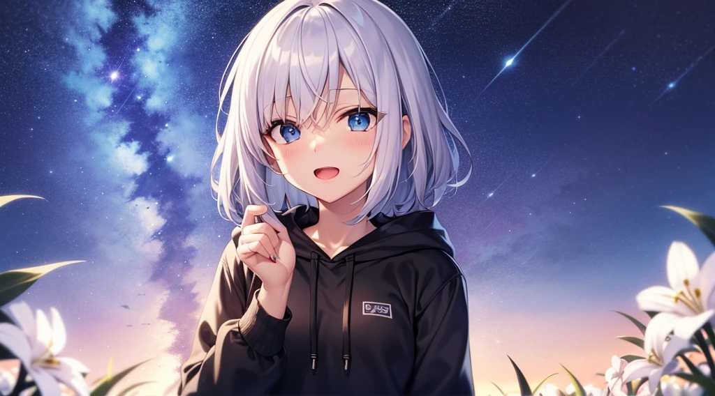 (masutepiece: 1.2, Best Quality), 1 Lady, Solo, silber hair,Shoulder out,Very short hair, long bangs between eyes, blue eyess,Black eyes, Hoodie,White hair, Silver hair, Hoodie, White hoodie、night sky full of stars、rays of moonlight、in woods、izumi、flower field、open open mouth、5 fingers