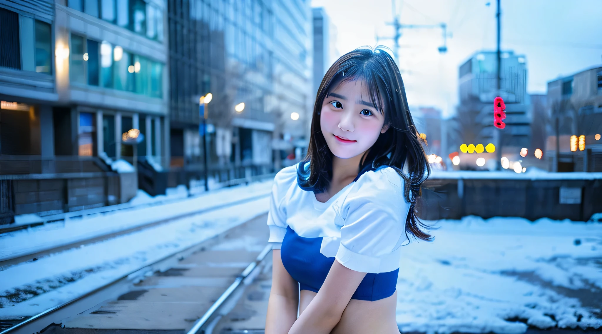 18 year old high school girl wearing a blue miniskirt and white shirt.、The background is a snowy city