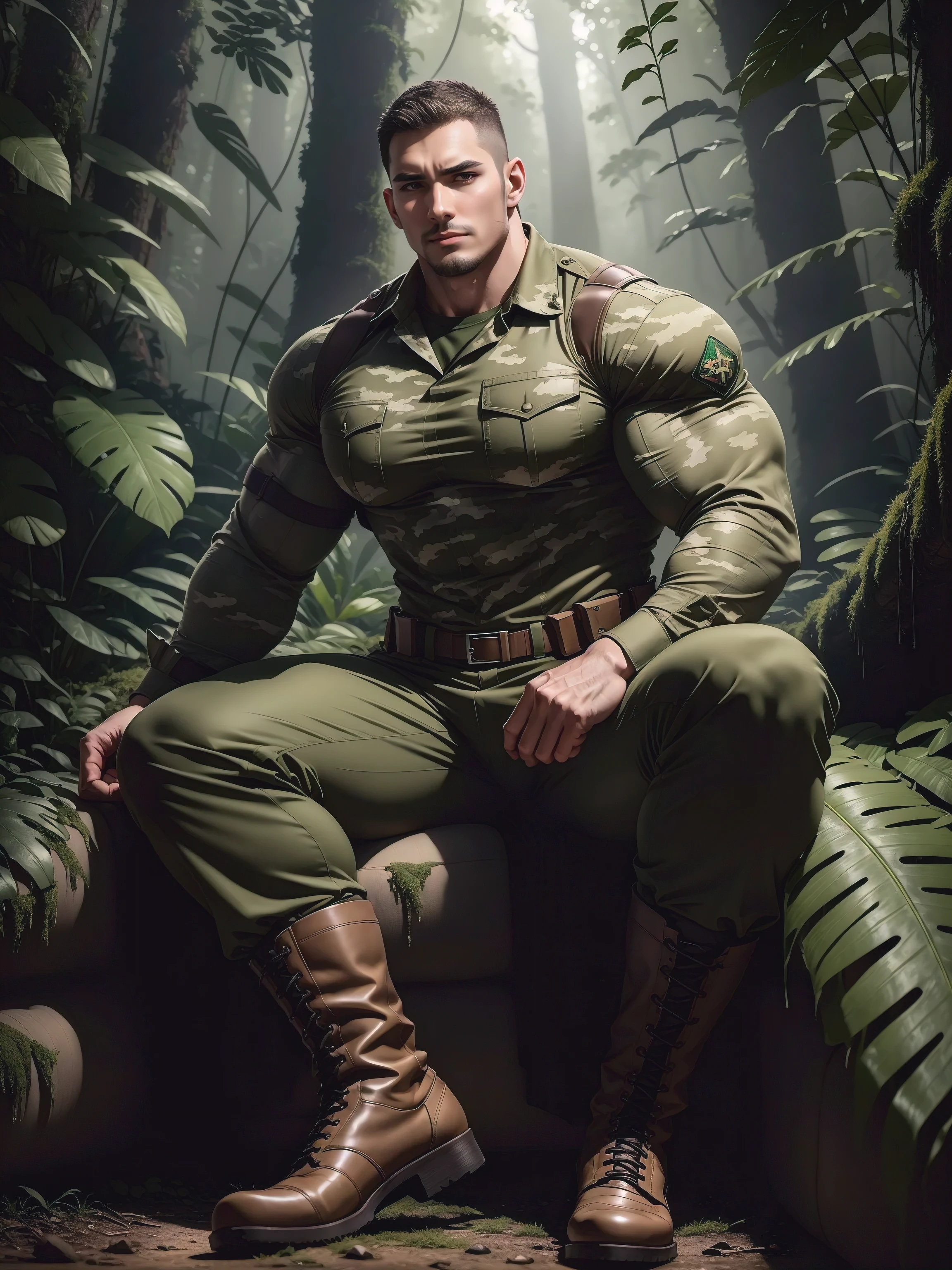 Tall giant muscular man sitting in the forest，Khaki camouflage military uniform，character  design（Resident Evil - Chris Redfield，Chris Redfield）buzz clip，身穿Khaki camouflage military uniform，Matte texture，Soft and comfortable sofa，Sitting in the eerie sugar cane jungle, The body is wrapped in thick rattan，expression sad，Deep and charming eyes，The hero with emerald pupils，heroic masculine pose，Tall and burly，musculous！Charming leg muscles，tall, Burly, and strong， 身穿Khaki camouflage military uniform， Super gain and cool， commission for high resolution， Big feet in black boots，Charming strong man，Bright sunlight shines on the body，Matte particles with shiny texture