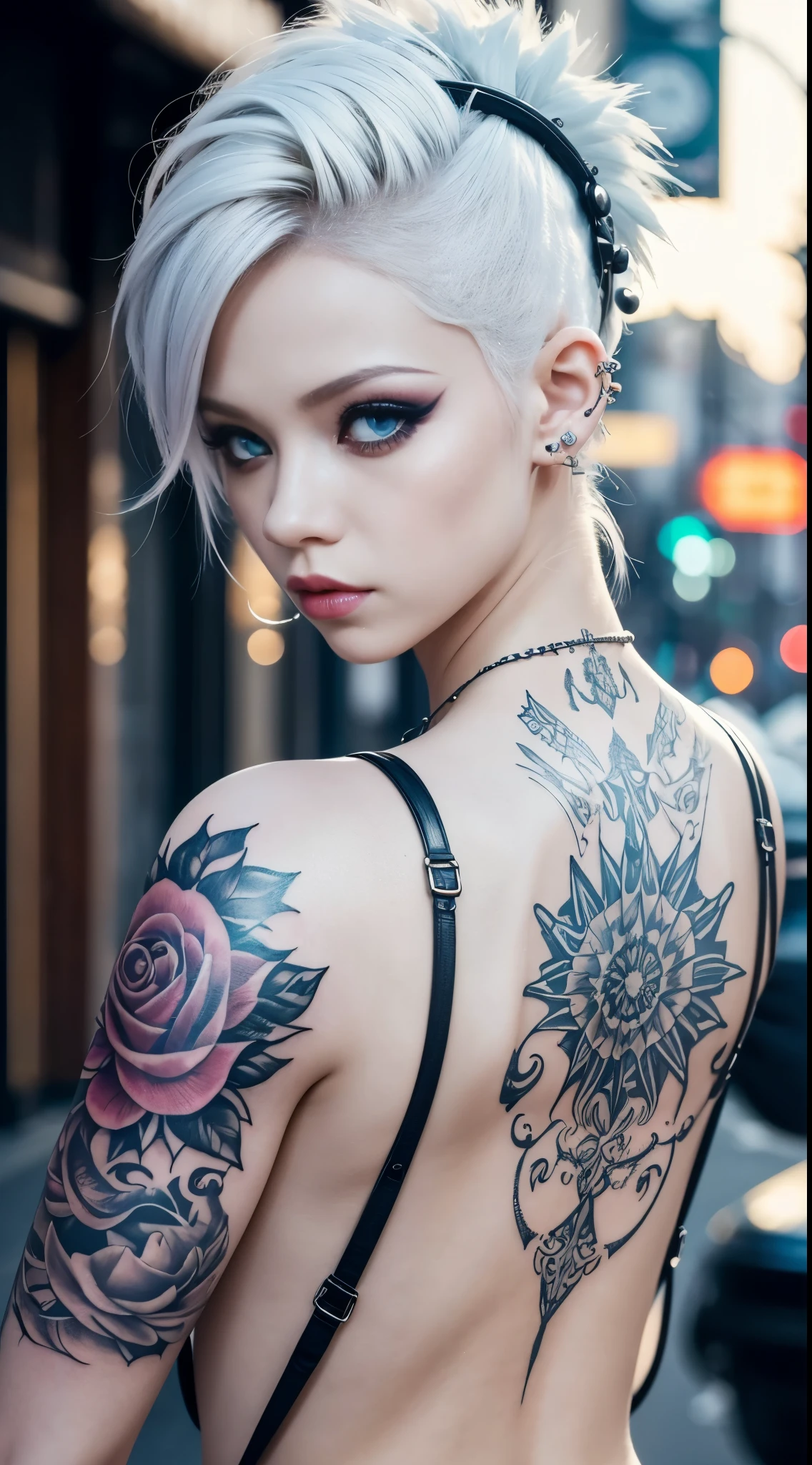 Tips for the first topic are as follows： quality, 8K, 32K, On a table:1.3), ultra - detailed, (realistically:1.4), white colors, albinism, punk girl, 詳細な目, upper part of body, Luxurious Punk Hairstyle, Avant-garde punk fashion, Avant-garde makeup, numerous piercings, Have lots of tattoos, streets background, backlight effect, shallowdepthoffield, vague background"