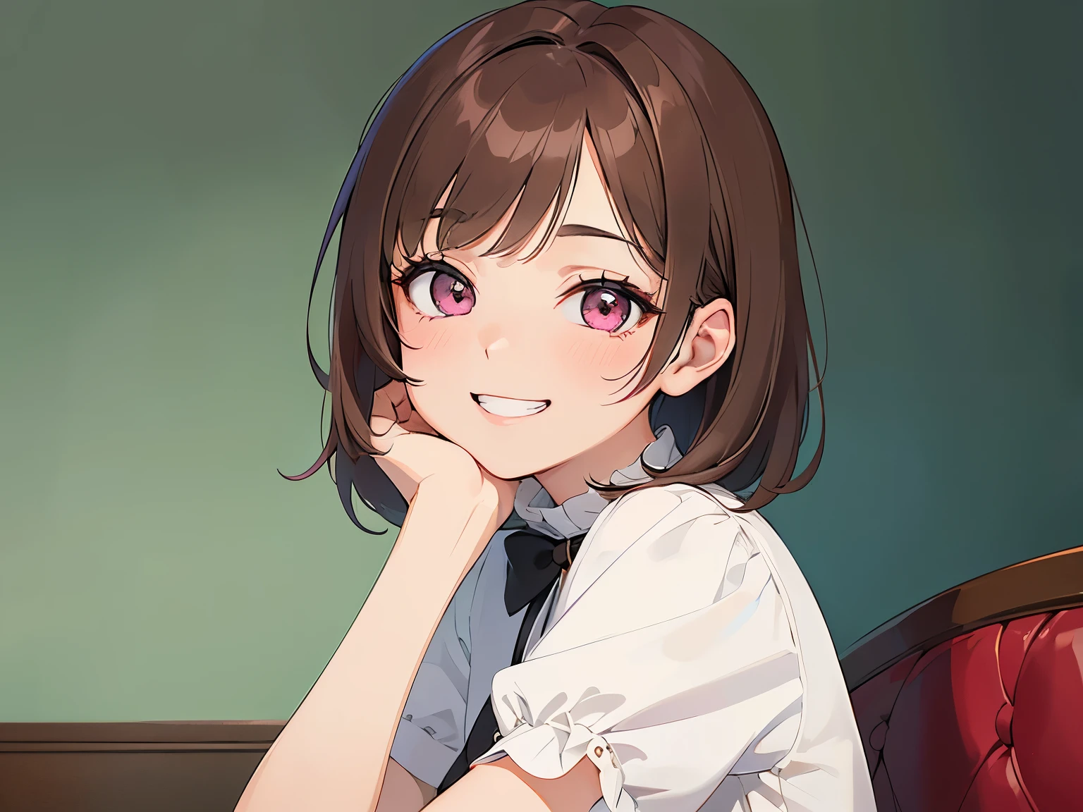 Resting chin in hand, masterpiece、top-quality、 A 25-year-old woman with medium hair and pink eyes with brown bangs.、Peter Pan collar, Wearing a white short-sleeved blouse、(grin:1.3)、 (Staring:1.5)、Close-up of your face、The background is a restaurant、sitting on、Bold composition、Upper body is shown、Alone、