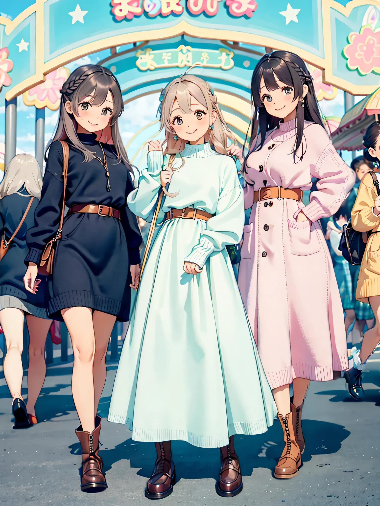 Detailed background、top-quality、10 generations of beauty、An amusement park、Cute hairstyle、huge-breasted、Smiling、Ladylike knitted dress style、Choosing a midi length knitted dress、On top is、Mark the waist with a woolen long cardigan or belt、Emphasize the silhouette、Align your feet with tall boots or loafers