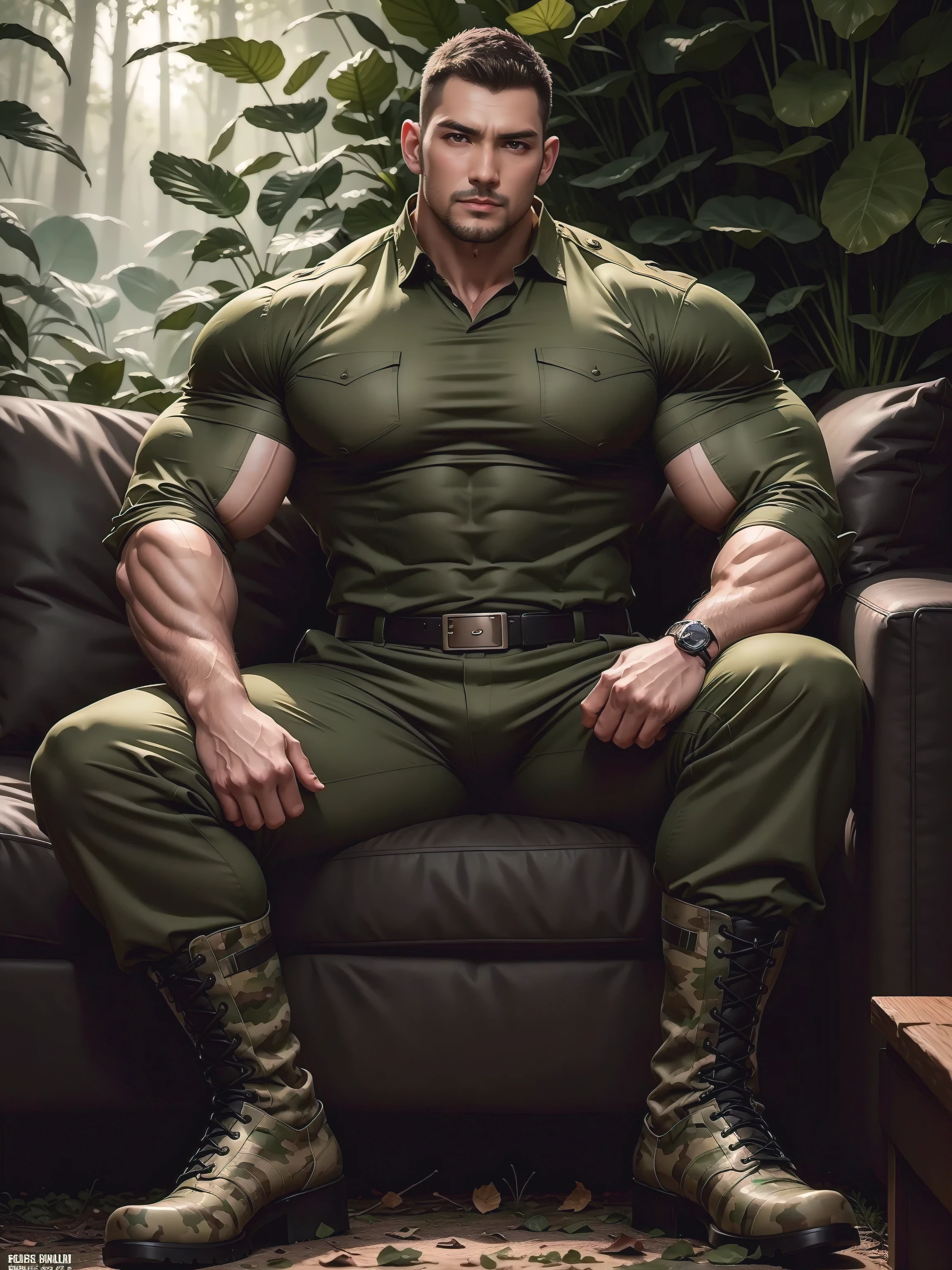 Tall giant muscular man sitting in the forest,Khaki camouflage military uniform,character design(Resident Evil - Chris Redfield,Chris Redfield)buzz clip,身穿Khaki camouflage military uniform,Matte texture,Soft and comfortable sofa,Sitting in the eerie sugar cane jungle, The body is wrapped in thick rattan,expression sad,Deep and charming eyes,The hero with emerald pupils,heroic masculine pose,Tall and burly,musculous!Charming leg muscles,tall, Burly, and strong, 身穿Khaki camouflage military uniform, Super gain and cool, commission for high resolution, Big feet in black boots,Charming strong man,Bright sunlight shines on the body,Matte particles with shiny texture