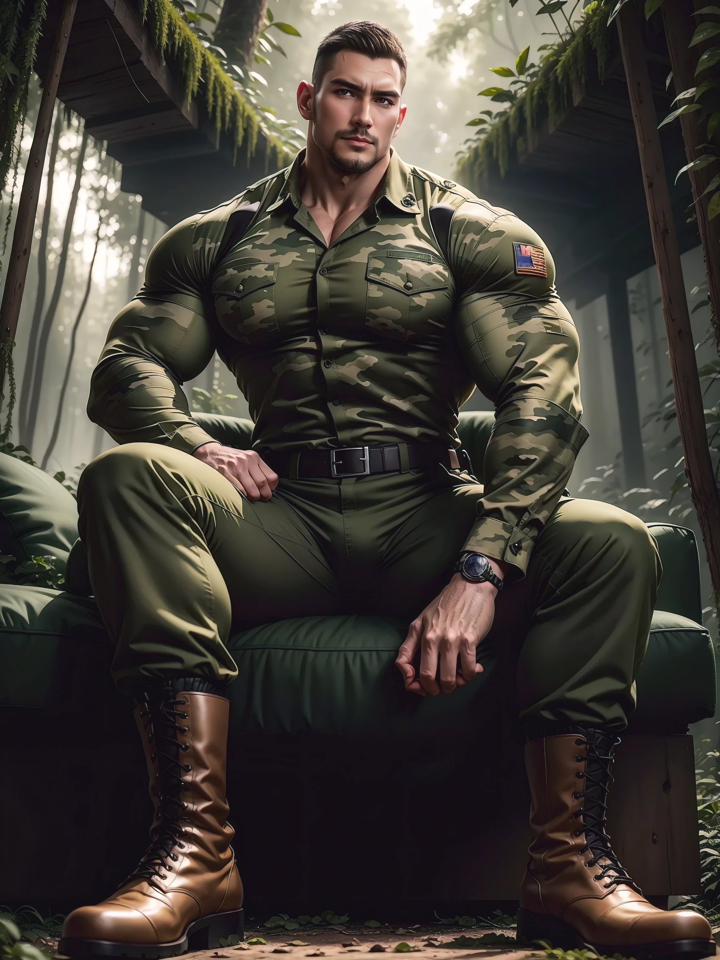 Tall giant muscular man sitting in the forest，Khaki camouflage military uniform，character  design（Resident Evil - Chris Redfield，Chris Redfield）His hairstyle is a crew cut，身穿Khaki camouflage military uniform，Matte texture，Soft and comfortable sofa，Sitting in the eerie sugar cane jungle, The body is wrapped in thick rattan，expression sad，Deep and charming eyes，The hero with emerald pupils，heroic masculine pose，Tall and burly，musculous！Charming leg muscles，tall, Burly, and strong， 身穿Khaki camouflage military uniform， Super gain and cool， commission for high resolution， Big feet in black boots，Charming strong man，Bright sunlight shines on the body，Matte particles with shiny texture