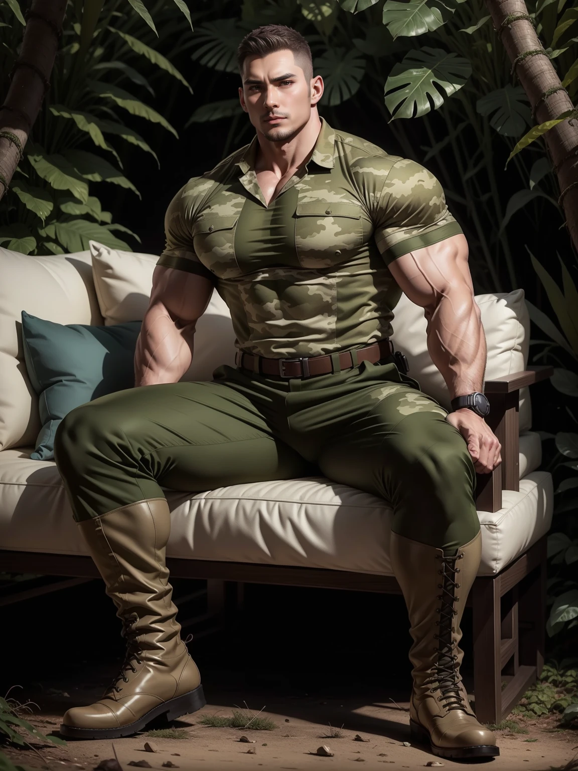 Tall giant muscular man sitting in the forest，Khaki camouflage military uniform，character  design（Resident Evil - Chris Redfield，Chris Redfield）His hairstyle is a crew cut，Wearing khaki camouflage military uniform，Frosted grain texture，Soft and comfortable sofa，Sitting in the eerie cane jungle, The body is wrapped in thick rattan，expression sad，Deep and charming eyes，The male hero with emerald pupils，heroic masculine pose，Tall and burly，Muscular！Charming leg muscles，tall, Burly, and strong， Wearing khaki camouflage military uniform， Super gain and cool， commission for high resolution， Big feet in black boots，Charming strong man，Bright sunlight shines on the body，The texture of frosted particles is shiny