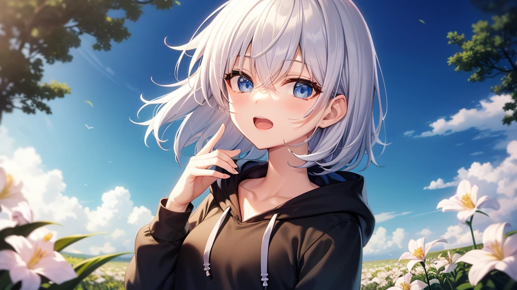 (masutepiece: 1.2, Best Quality), 1 Lady, Solo, silber hair,Shoulder out,Very short hair, long bangs between eyes, blue eyess,Black eyes, Hoodie,White hair, Silver hair, Hoodie, White hoodie、blue-sky、in woods、izumi、flower  field、open open mouth、5 fingers