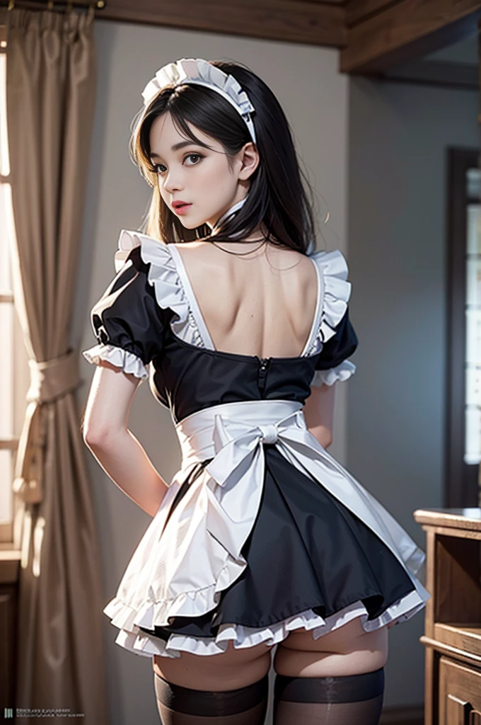 8K, masutepiece, Raw photo, Highest Quality, Photorealistic, High Definition CG Unity 8K Wallpaper, depth of fields, Cinematic Light, Lens Flare, Ray tracing, (Extremely beautiful face, Beautiful lips)Image from the back、Angle from below、micro mini maid outfit,pinkcolor、 breasts are large, maid costume girls,Black tights、cloud, Multicolored, masutepiece,