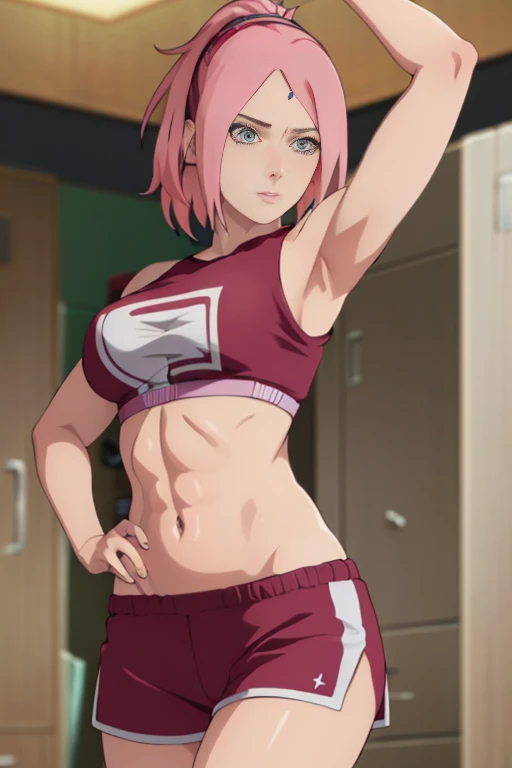 masterpiece, absurdres, masterpiece, absurdres , (intricate details), (colorful),cinematic lighting,bust shot,extremely detailed CG unity 8k wallpaper, 1 girl Haruno Sakura, forehead mark,(Boruto\), solo,mature female. arm up, looking at viewer, Criss cross Bra, Sports Dolphin Shorts. Gym Background, Locker room,cowboy shot, athletic Abs detailed, biceps triceps pumped up, body sweat glow shine, Wide Hips, Attractive curves body figure. Painted Lips glowing.