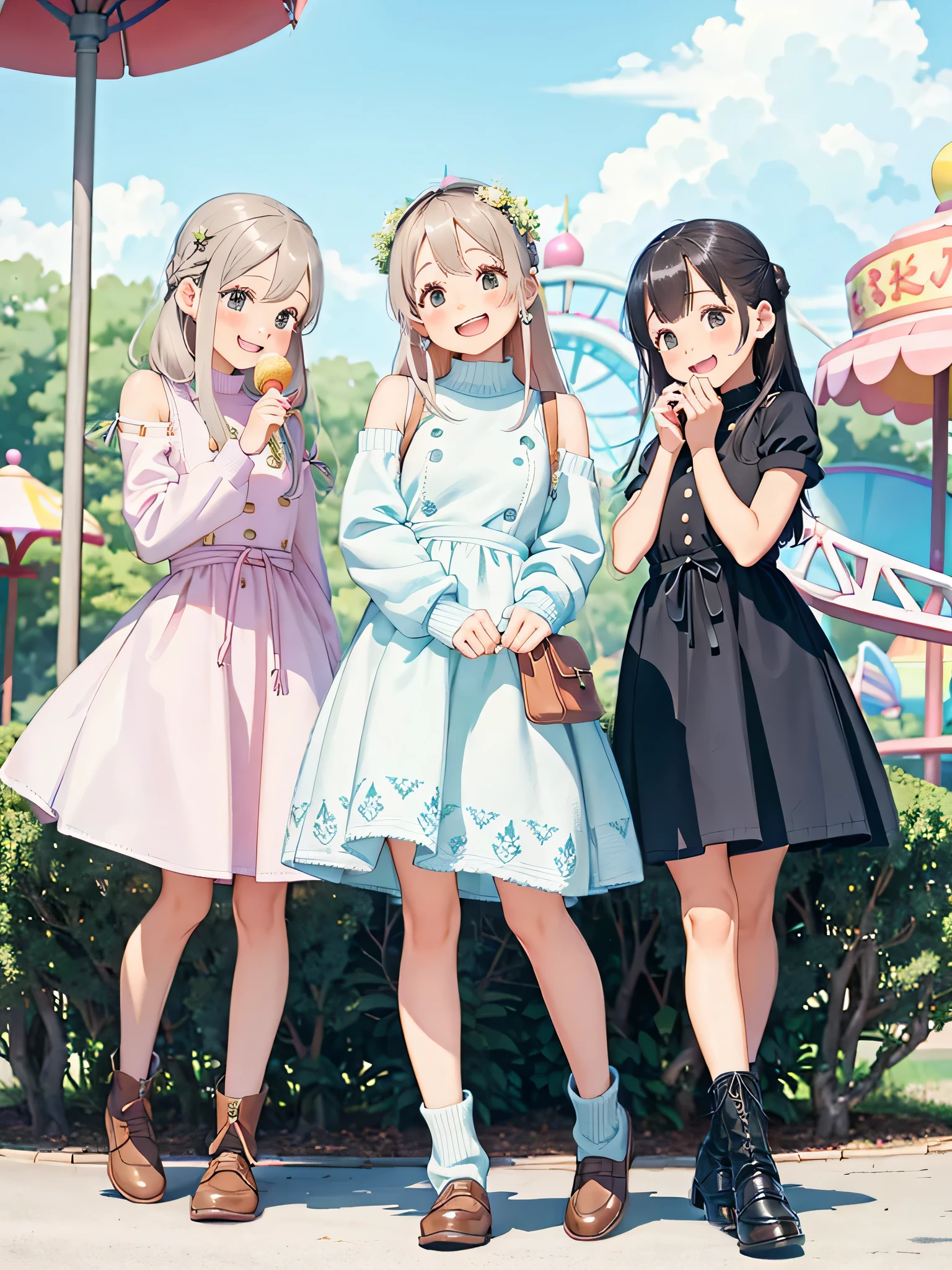 Detailed background、top-quality、beautiful teenage girls、An amusement park、Cute hairstyle、huge-breasted、Laughing、Ladylike knitted dress style、Choosing a midi length knitted dress、Emphasize the silhouette、Align your feet with tall boots or loafers