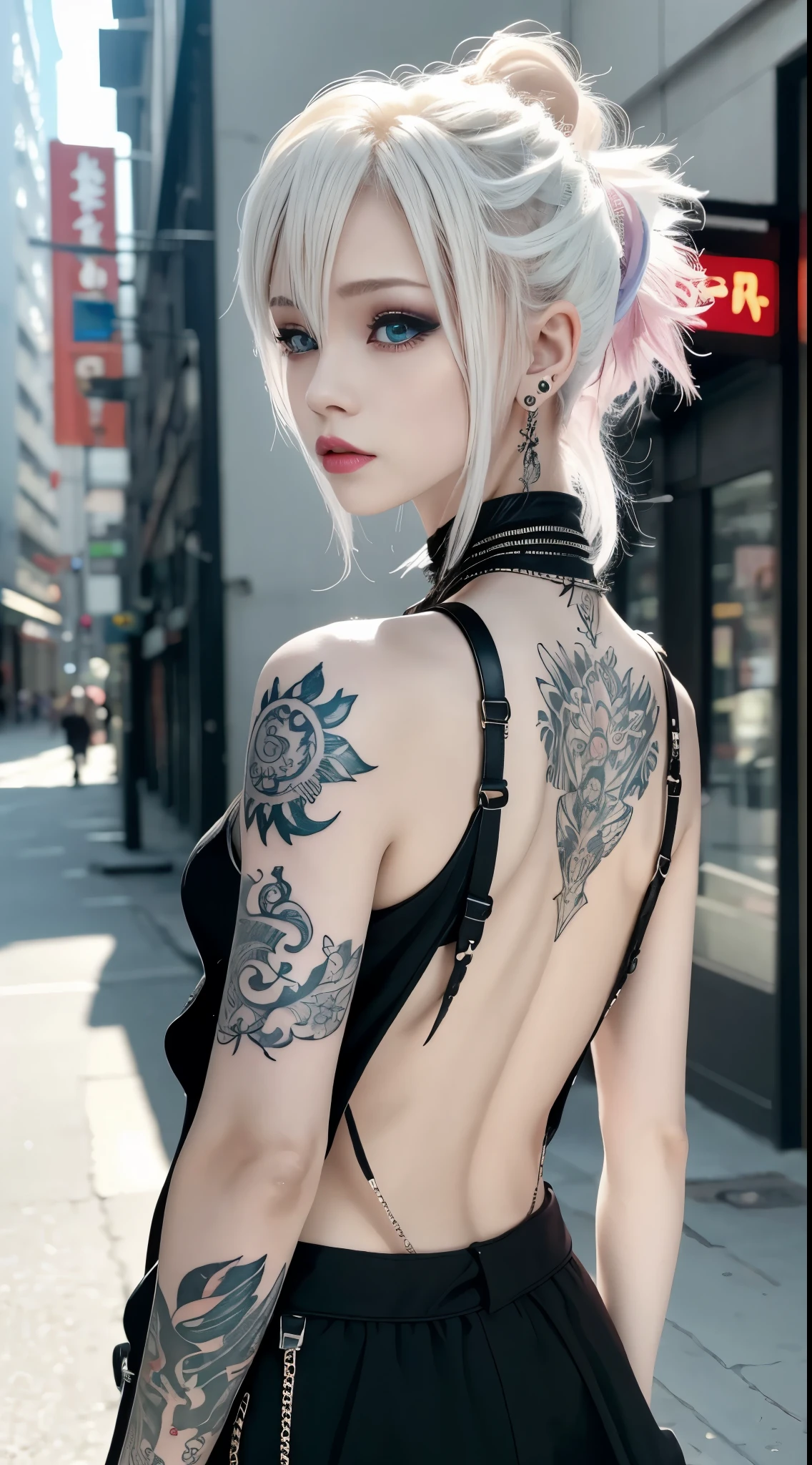 Tips for the first topic are as follows： quality, 8K, 32K, On a table:1.3), ultra - detailed, (realistically:1.4), white colors, albinism, punk girl, 詳細な目, Upper part of the body, Luxurious Punk Hairstyle, Avant-garde punk fashion, Avant-garde makeup, numerous piercings, There are a lot of tattoos, streets background, backlight effect, shallowdepthoffield, vague background"