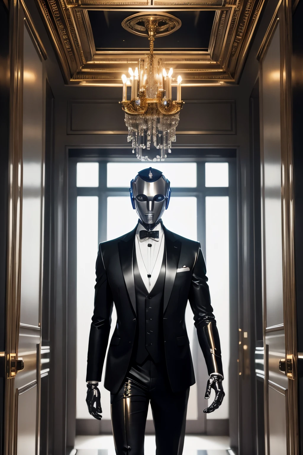 Robot wearing Butler's suits, (detailed black suits), (detailed white shirts), detailed neck-tie, (detailed robot face), detailed robot hands, detailed robot head, (detailed metallic skin:1.2), in Entrance hall of the mansion, full body shot