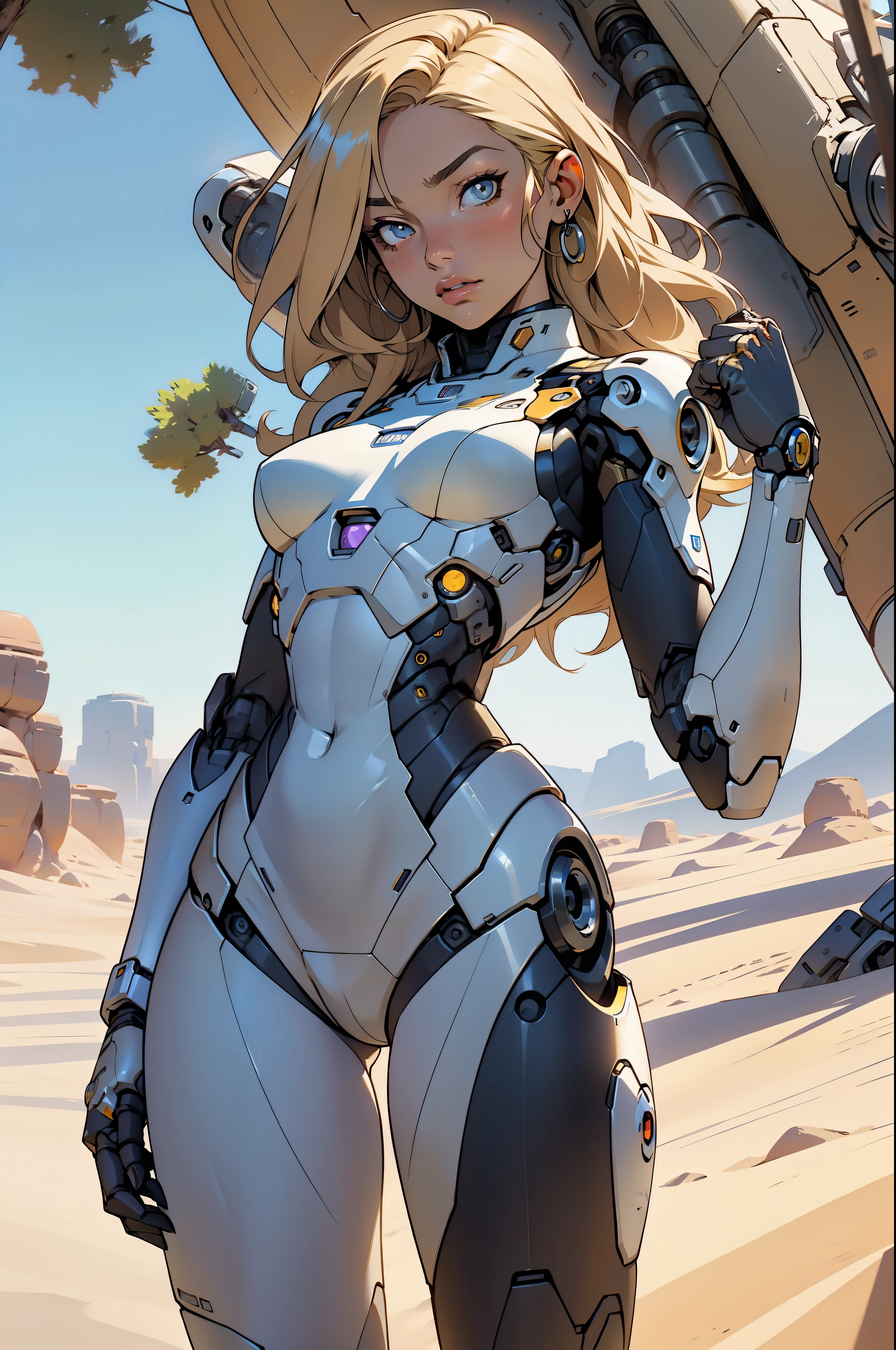 high quality, 4k, masterpiece, beautiful, cyborg girl, cowboy shot, dull eyes, looking at viewer, long blonde hair, girl, small breasts, fit thigh, robotic arms, robotic body, cyborg body, yellow accent, intricate detail, joint, detailed lines, robotic detail, holding fist up, holding hand up as fist, color robotic parts, robotic parts with color, perfect fingers, on a desert planet, sunny background, colorful desert,