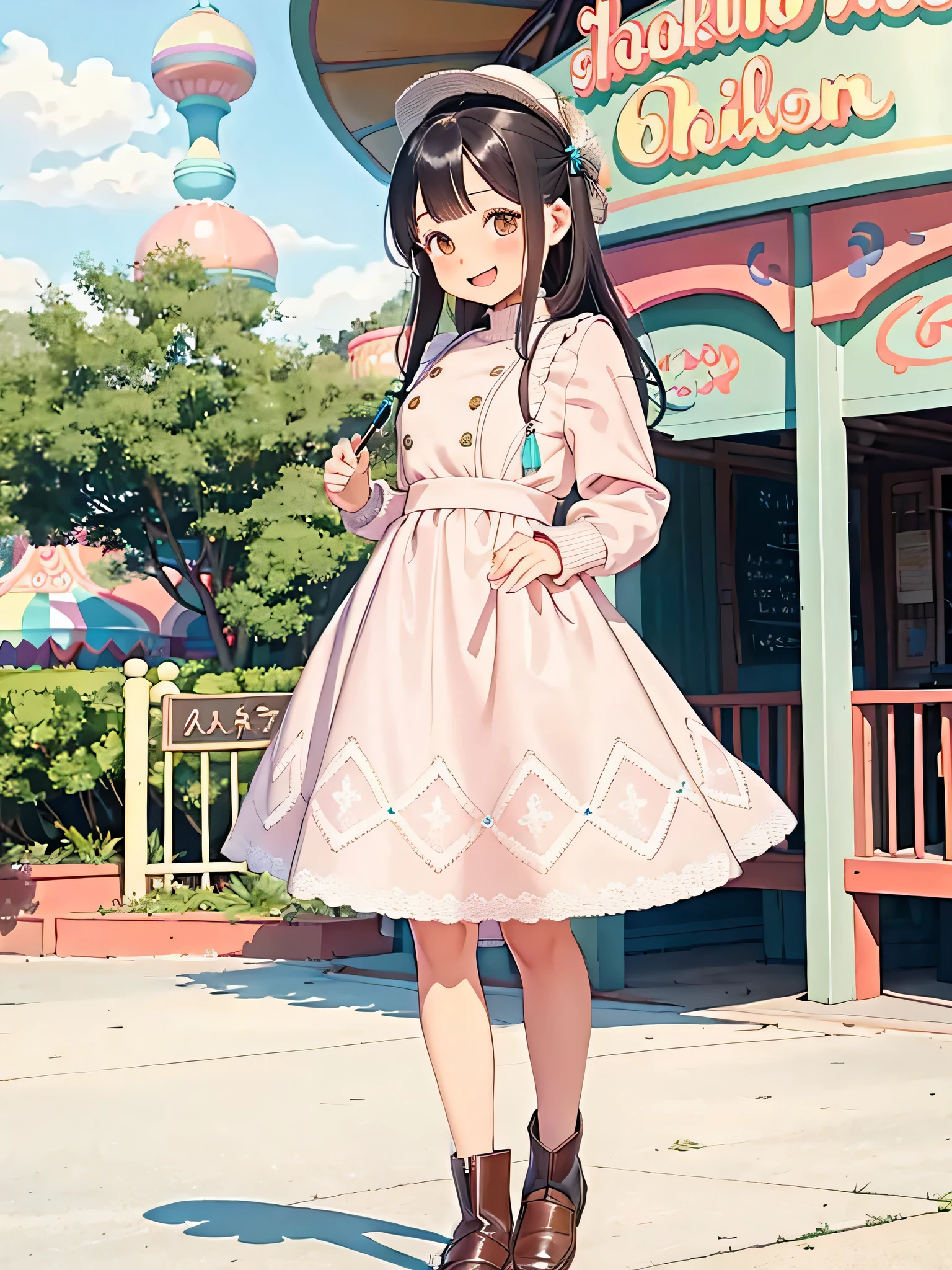 Detailed background、top-quality、beautiful teenage girls、An amusement park、Cute hairstyle、huge-breasted、Laughing、Ladylike knitted dress style、Choosing a midi length knitted dress、Emphasize the silhouette、Align your feet with tall boots or loafers