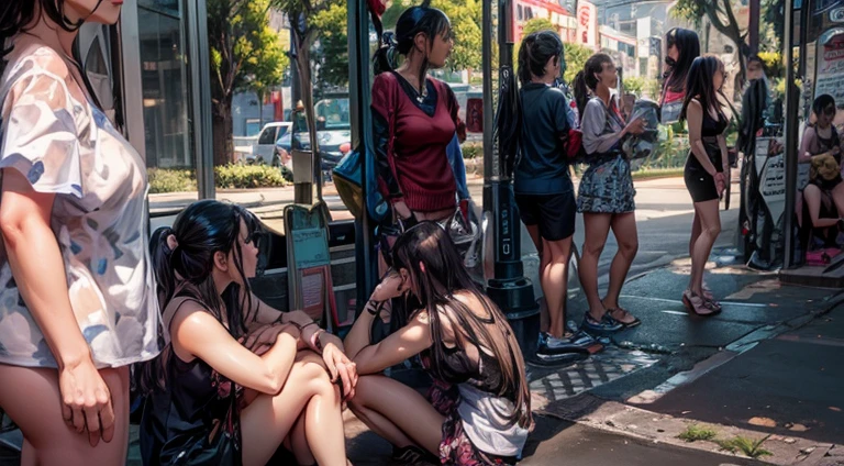 young sexy and beautiful Prostitutas sitting en la acera waiting for the bus to stop, girls resting, spontaneous street photography, Prostitutas waiting at the bus stop, Prostitutas, Momento privado, en la acera, Vida en la calle, Bangkok, en una calle de la ciudad, pausa para fumar, Manila, lucir triste, Candid photography, en la calle de la ciudad, en la acera