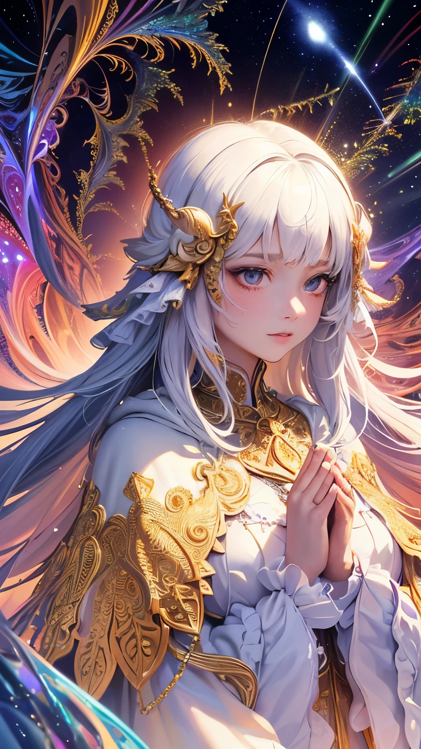 (masterpiece, top quality, best quality, official art, beautiful and aesthetic:1.2), (1girl), extreme detailed, (fractal art:1.3), colorful, highest detailed, perfect face, upper body, HDR, (praying:1.3), (white cloak golden lines:1.2), galaxy, (light streaks), striking visuals, (dynamic streaks, luminous trails:1.2), vibrant colors,