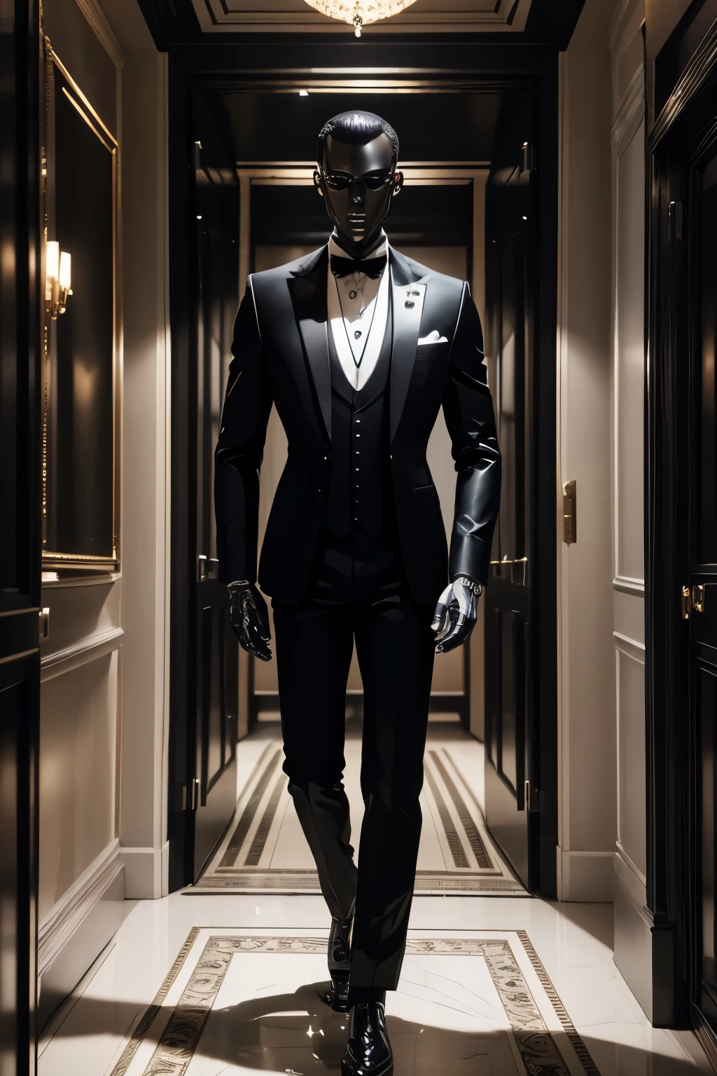 Robot wearing Butler's suits, detailed black suits, detailed white shirts, detailed neck-tie, (detailed robot face), detailed robot hands, detailed robot head, detailed metallic skin, in Entrance hall of the mansion, full body shot