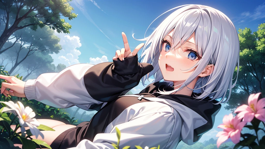 (masutepiece: 1.2, Best Quality), 1 Lady, Solo, silber hair,Shoulder out,Very short hair, long bangs between eyes, blue eyess,Black eyes, Hoodie,White hair, Silver hair, Hoodie, White hoodie、blue-sky、in woods、izumi、flower  field、open open mouth、5 fingers
