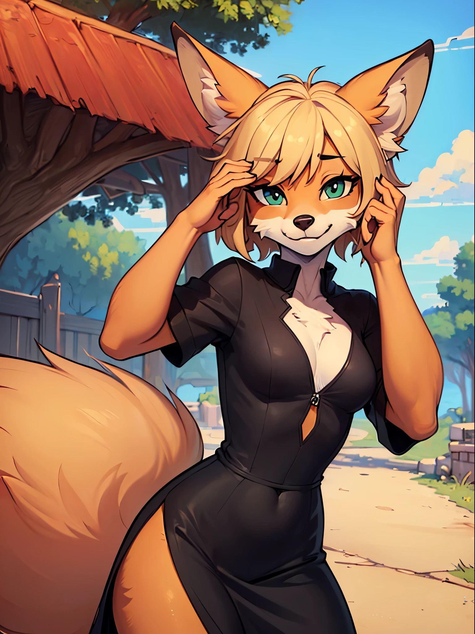 (masterpiece:2), expressive eyes, perfect face, correct anatomy, (furry:1.2), (anthro:1.3), furry female fox, (black dress, pose), happy, small breasts, sky, tree