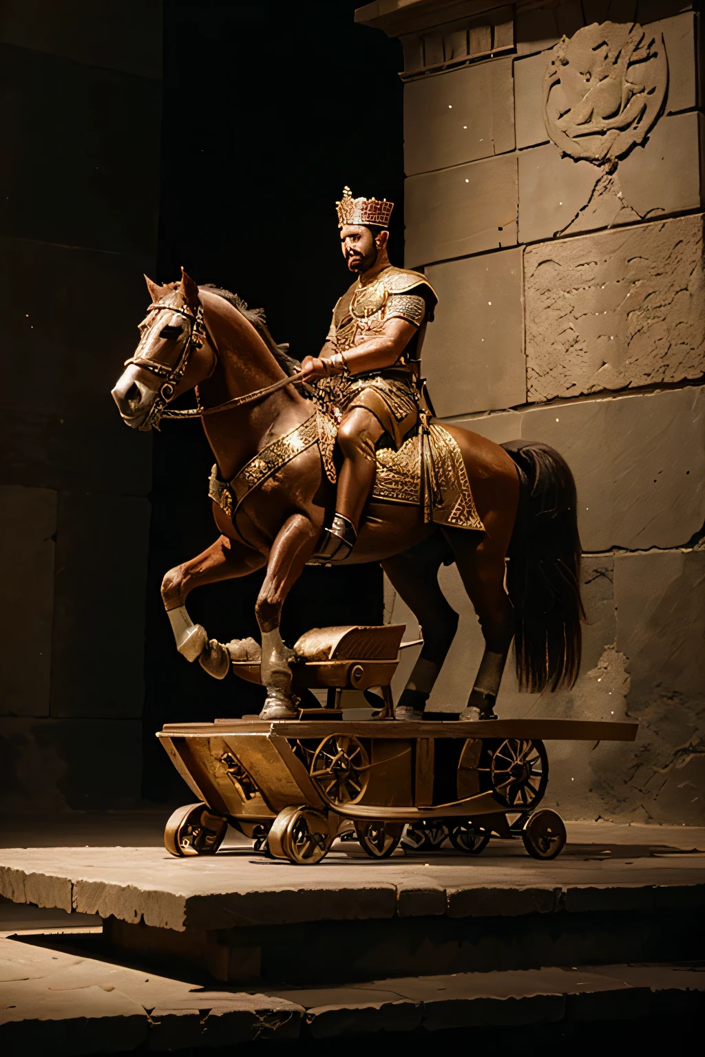 Sumerian king has sat on atop of chariot it has two horses