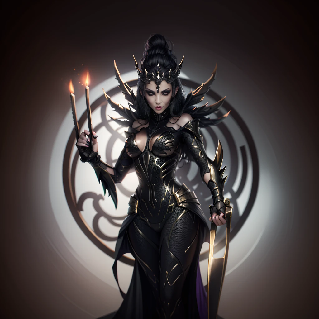 Beautiful mature women, witch, purple clothes, metallic feather design, red highlights, claws in both hands, beautiful,gothic, sharp features, sexy,hazel eyes, long purple-black hair, black skull like crown, beautiful, mature beauty, cold beauty