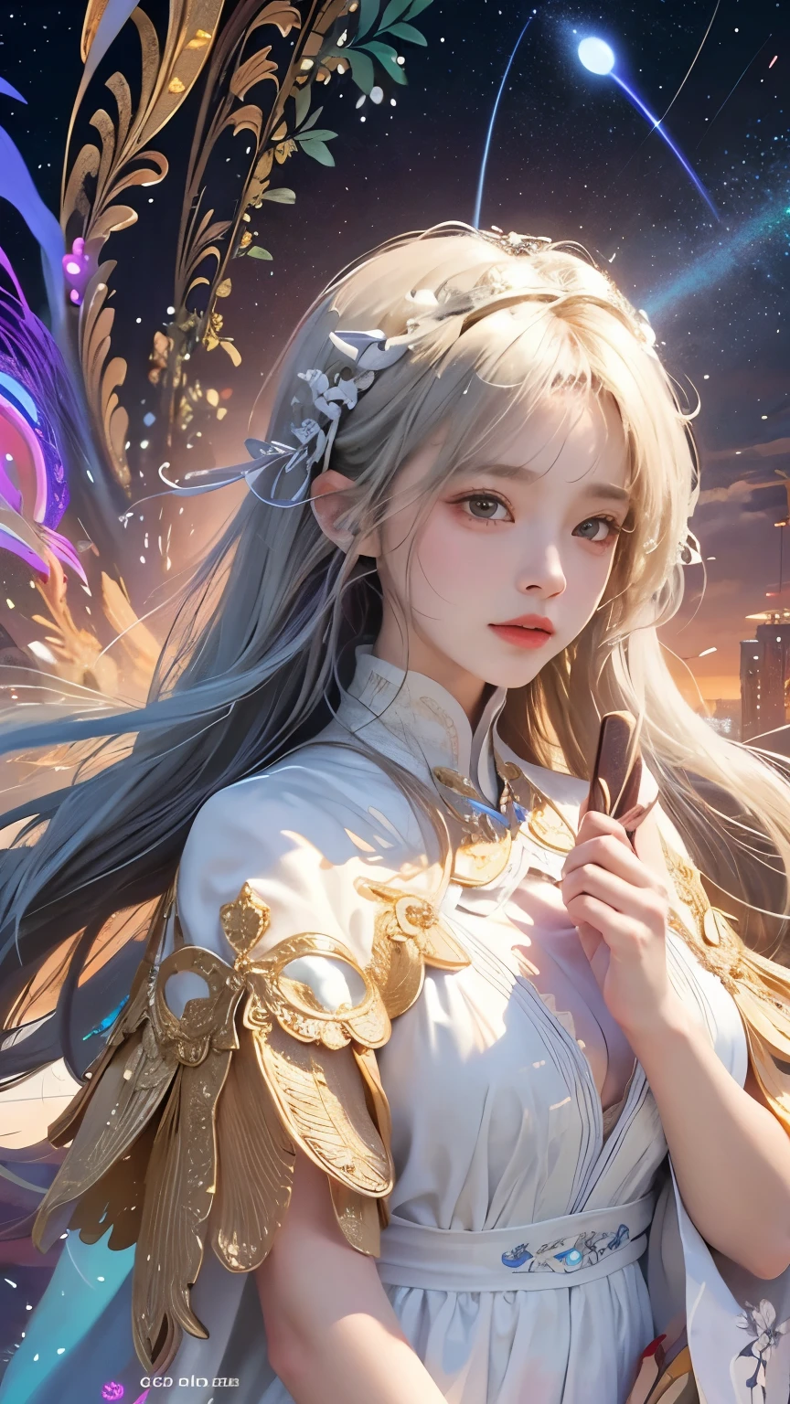 (masterpiece、top-quality、top-quality、Official art、Beautifully Aesthetic:1.2)、(1girl in)、ighly detailed、(Fractal Art:1.3)、colourfull、highestdetailed、face perfect、The upper part of the body、large boob、nffsw、(doa:1.3)、(White cloak golden lines:1.2)、intergalactic、(light streaks)、striking visuals、(Dynamic right streak trajectory:1.2)、vivd colour、