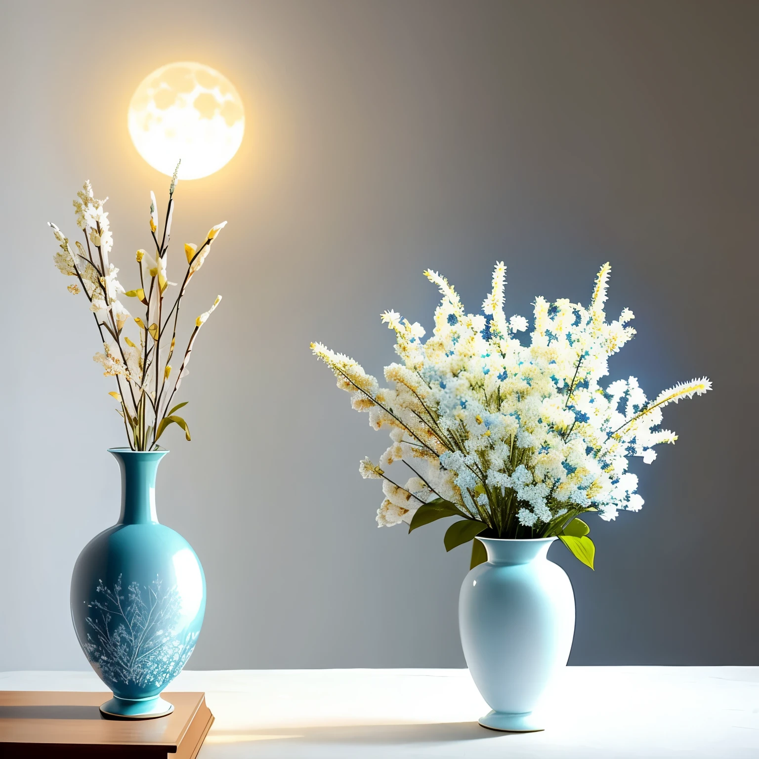 Winter flowers, sunset, moonlight, light blue, white, Vase