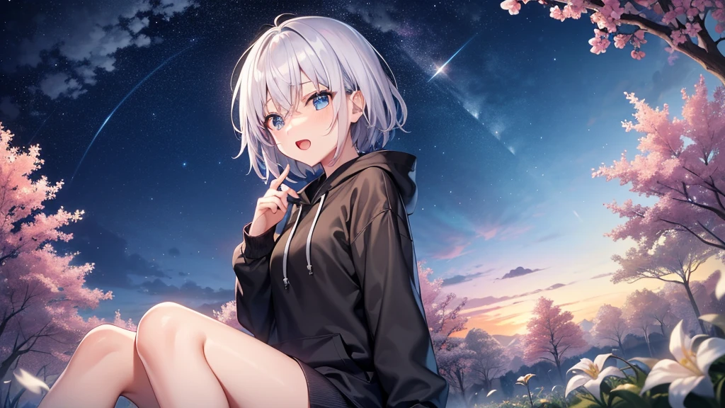 (masutepiece: 1.2, Best Quality), 1 Lady, Solo, silber hair,Shoulder out,Very short hair, long bangs between eyes, blue eyess,Black eyes, Hoodie,White hair, Silver hair, Hoodie, White hoodie、night sky full of stars、rays of moonlight、in woods、izumi、flower field、open open mouth、5 fingers
