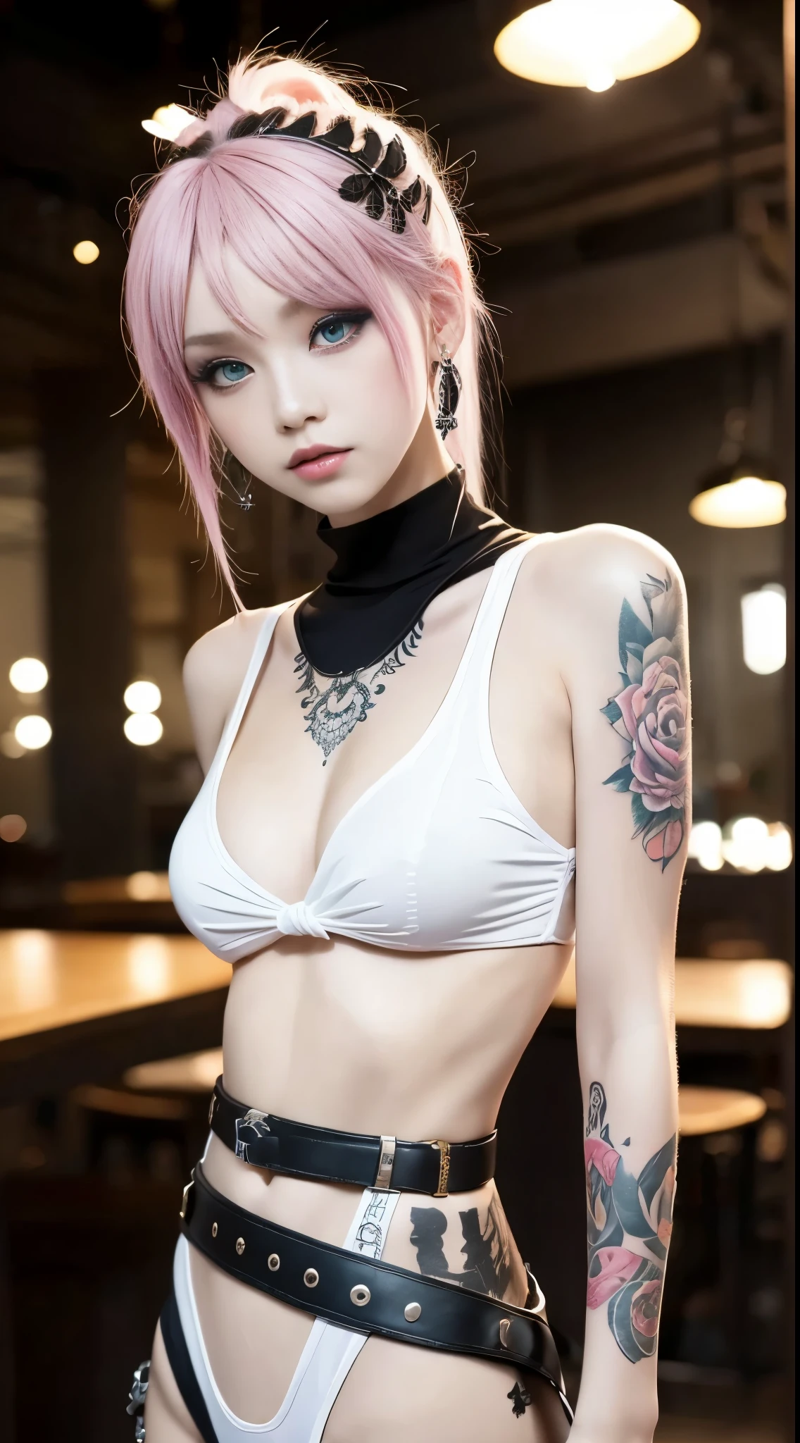 Tips for the first topic are as follows: quality, 8K, 32K, On a table:1.3), ultra - detailed, (realistically:1.4), white colors, albinism, punk girl, 詳細な目, Upper part of the body, Luxurious Punk Hairstyle, Avant-garde punk fashion, Avant-garde makeup, numerous piercings, There are a lot of tattoos, streets background, backlight effect, shallowdepthoffield, vague background"
