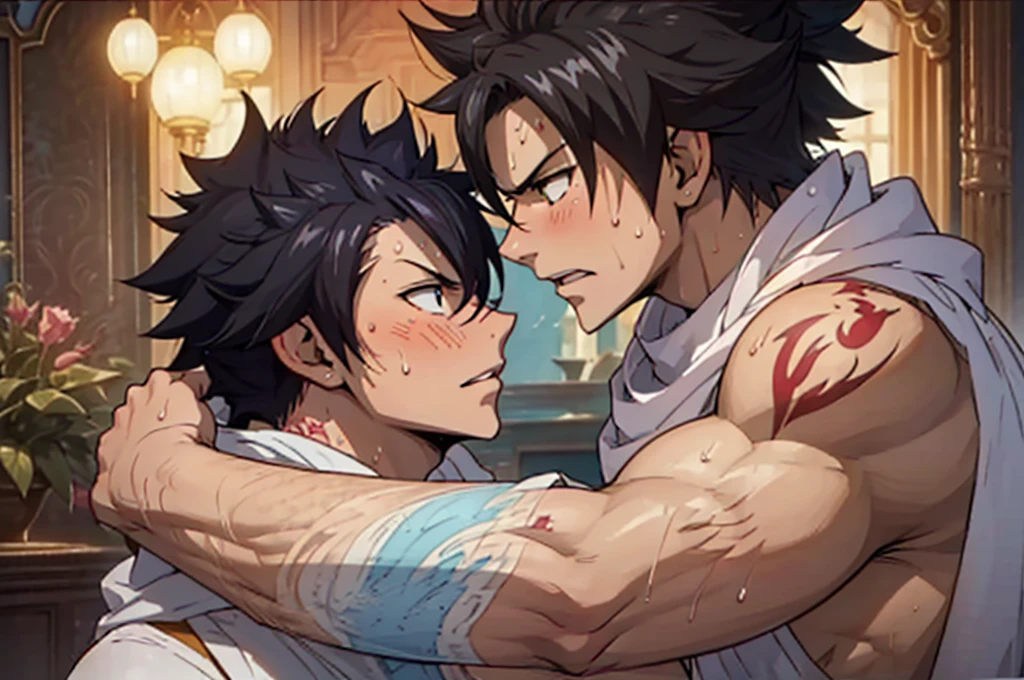 2boys 2 male, 2 men, duo, two characters, (Natsu Dragneel with his fiery pink hair is muscular and sweating heavily while blushing looking at the other man, and is wearing a white scarf), while (Gray Fullbuster is muscualr ripped and is sweating heavily and looking at the other man, he has black hair and a necklace, with a tattoo on his pec), the image is (high quality, masterpiece, cg render, deviantart), the scenery is of a bedroom where both the boys are looking at each other in low light and their glistening bodies that are sweating and oily, (gay art, yaoi art and passionate love scene)