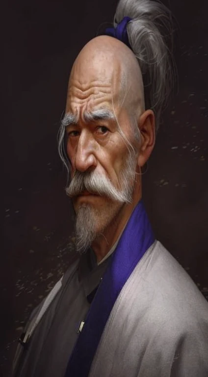 a close up of an old man with pale skin, thick grey beard and mustache, thick long eyebrows, long ears with two piercing on each side, wearing a white kimono for men, head is bald with few hair on pony tail in the middle. old style martial artist.