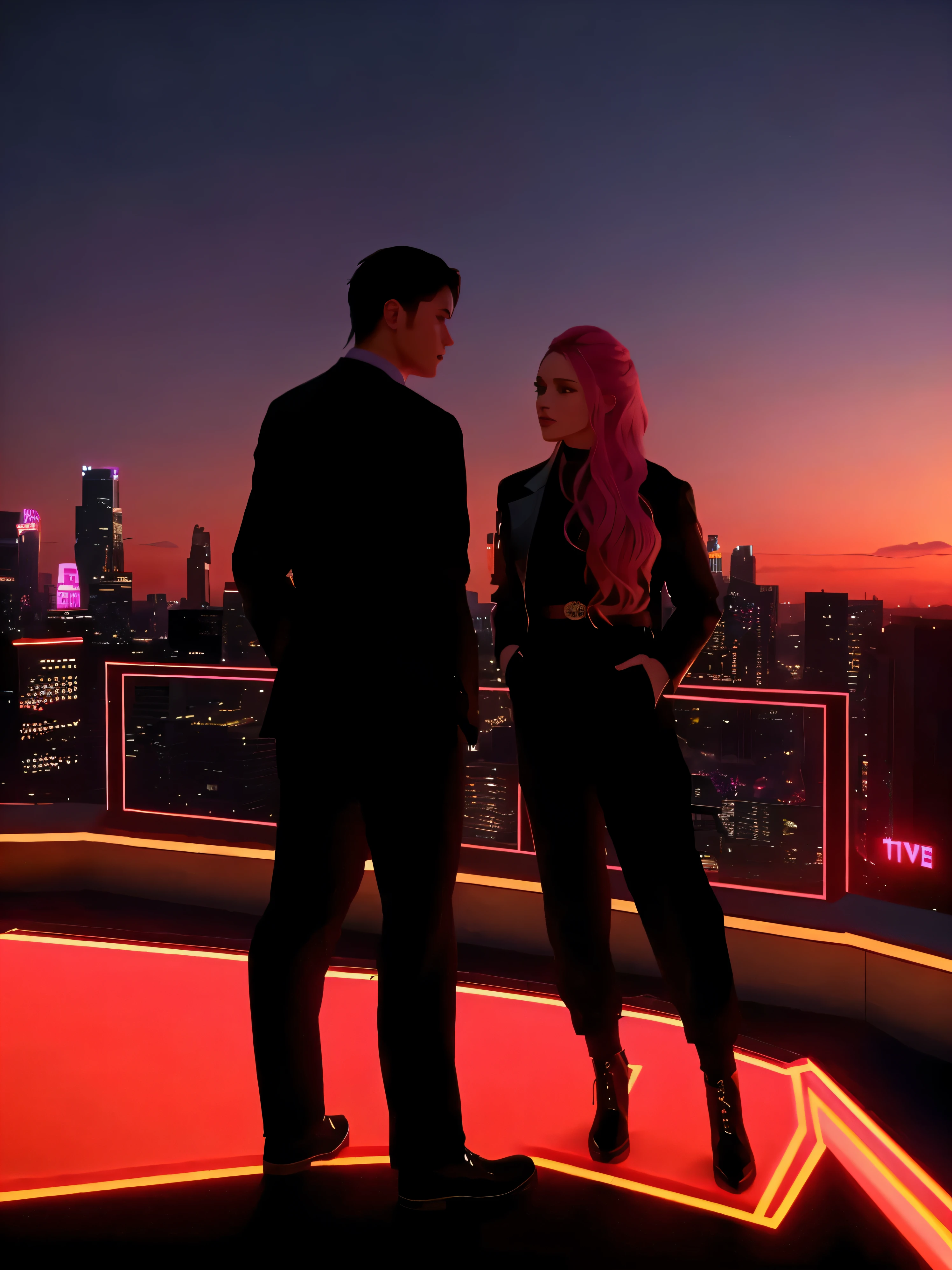 ember and woember standing on the roof, Stylish clothes, a handsome female, ember'A manly face, in the background a metropolis at sunset, pink and rich colors, neon rim lights, light and colorful art, beautiful silhouettes of the main characters, Beautiful view of the city, stylized poster, very, very beautiful detailed art, Highest Quality