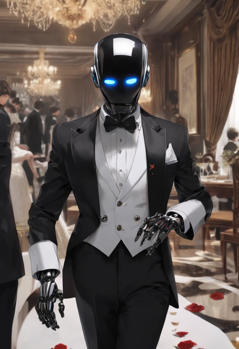 a picture(scrape robot:Wear a tuxedo:Cool),serving,butler'job,Interior background:European style,,広告a picture,