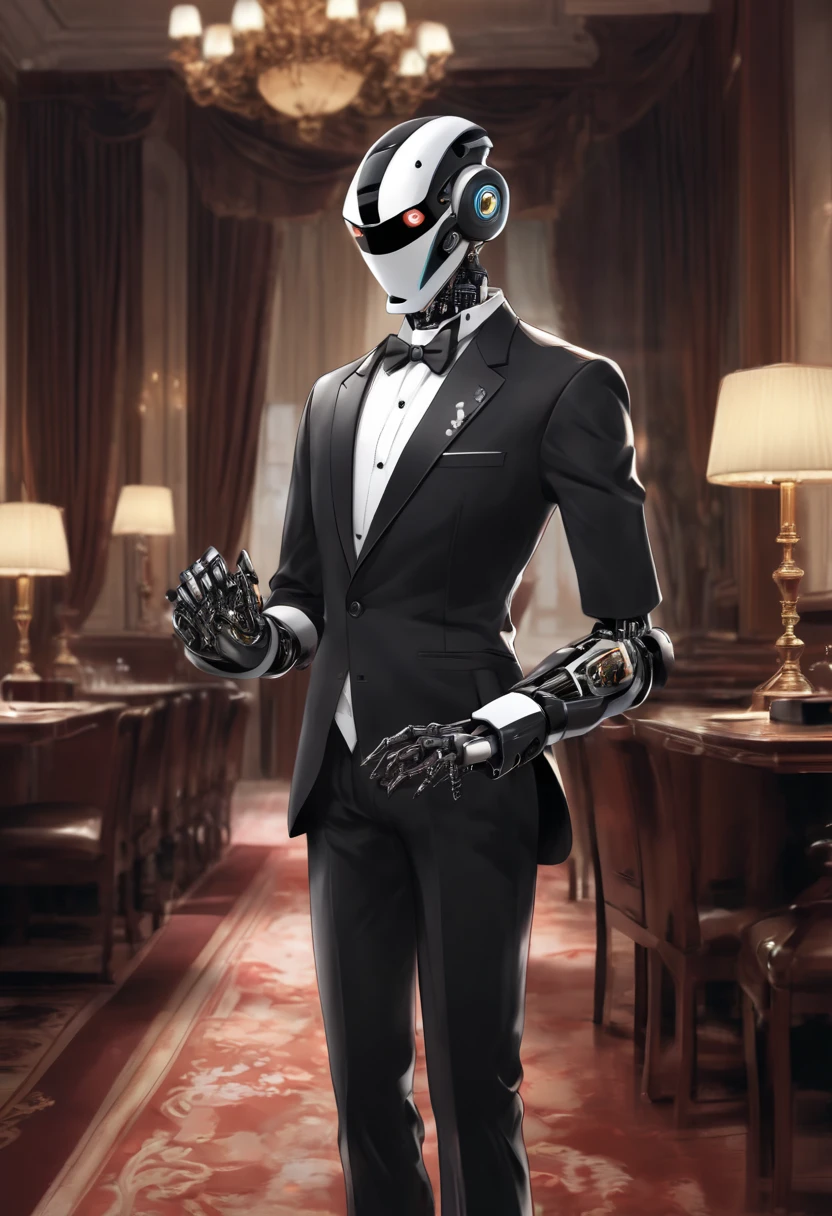 a picture(scrape robot:Wear a tuxedo:Cool),serving,butler&#39;job,Interior background:European style,,広告a picture,