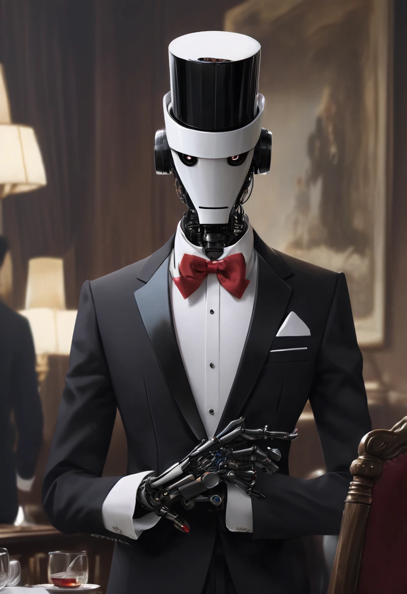 a picture(scrape robot:Wear a tuxedo:Cool),serving,butler&#39;job,Interior background:European style,,広告a picture,