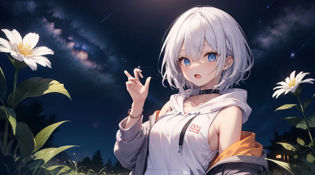 (masutepiece: 1.2, Best Quality), 1 Lady, Solo, silber hair,Shoulder out,Very short hair, long bangs between eyes, blue eyess,Black eyes, Hoodie,White hair, Silver hair, Hoodie, White hoodie、night sky full of stars、rays of moonlight、in woods、izumi、flower field、open open mouth、5 fingers