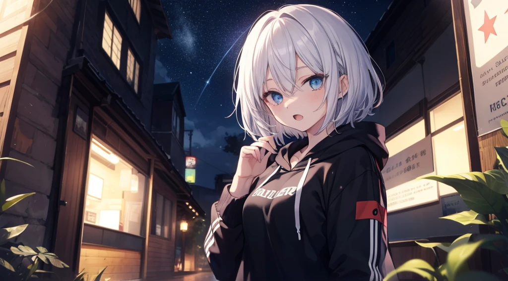 (masutepiece: 1.2, Best Quality), 1 Lady, Solo, silber hair,Shoulder out,Very short hair, long bangs between eyes, blue eyess,Black eyes, Hoodie,White hair, Silver hair, Hoodie, White hoodie、night sky full of stars、rays of moonlight、in woods、izumi、flower field、open open mouth、5 fingers