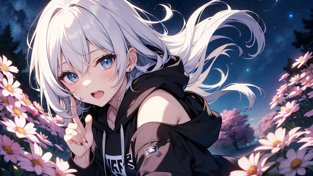 (masutepiece: 1.2, Best Quality), 1 Lady, Solo, silber hair,Shoulder out,Very short hair, long bangs between eyes, blue eyess,Black eyes, Hoodie,White hair, Silver hair, Hoodie, White hoodie、night sky full of stars、rays of moonlight、in woods、izumi、flower field、open open mouth、5 fingers