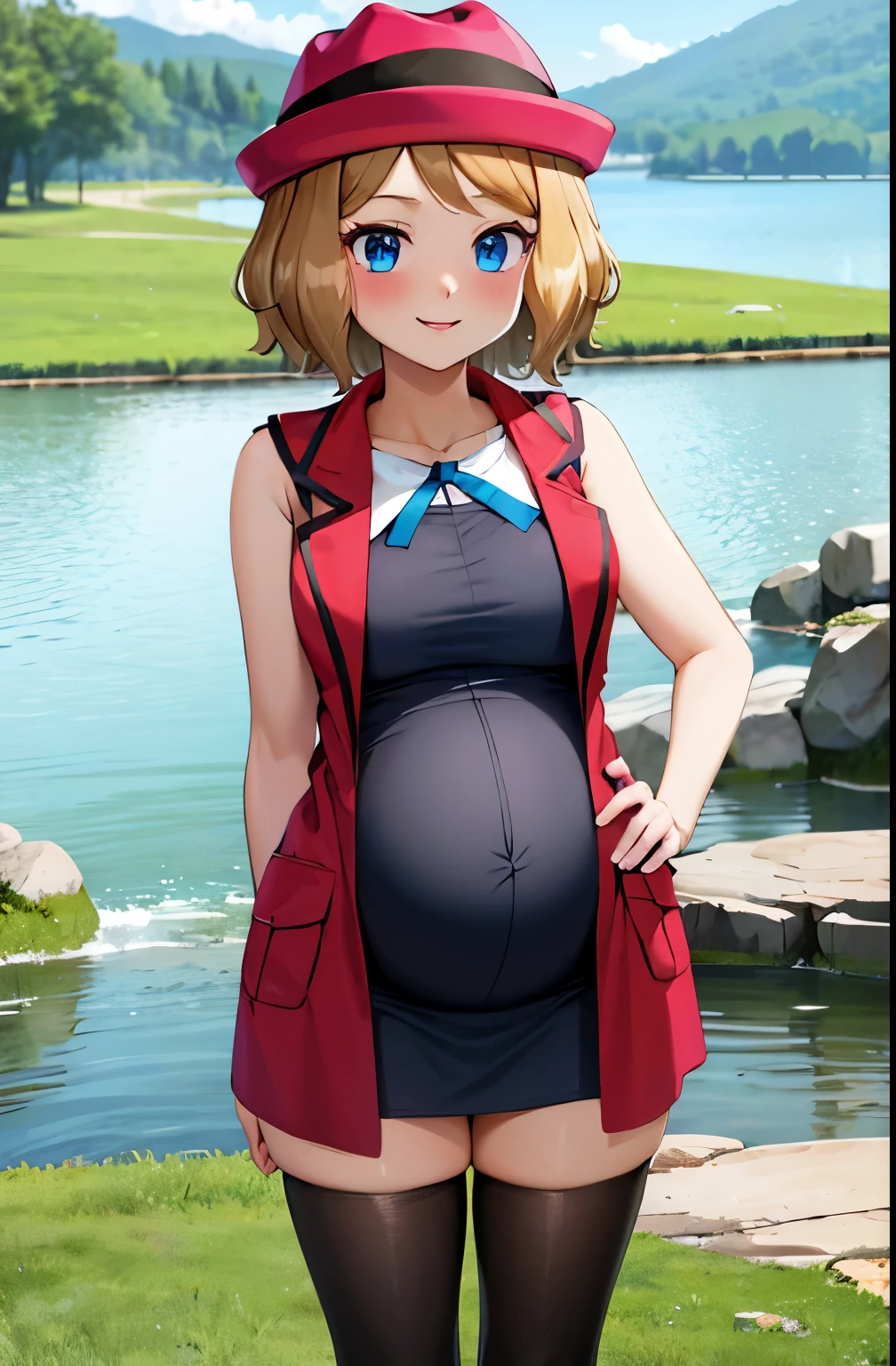 masterpiece, best quality, highres, serena \(pokemon\), short hair, blue eyes, 1girl, solo, blue ribbon, eyelashes, black thighs, neck ribbon, sleeveless, bangs, collarbone, bare arms, pink dress, red coat, pink hat, outdoor, standing by a lake, pregnant, blushing, smile, long stockings, black stockings, mid-thigh stockings, medium-sized female breasts,  Neckline, large and rounded belly, advanced pregnancy, detailed background, background of great details.