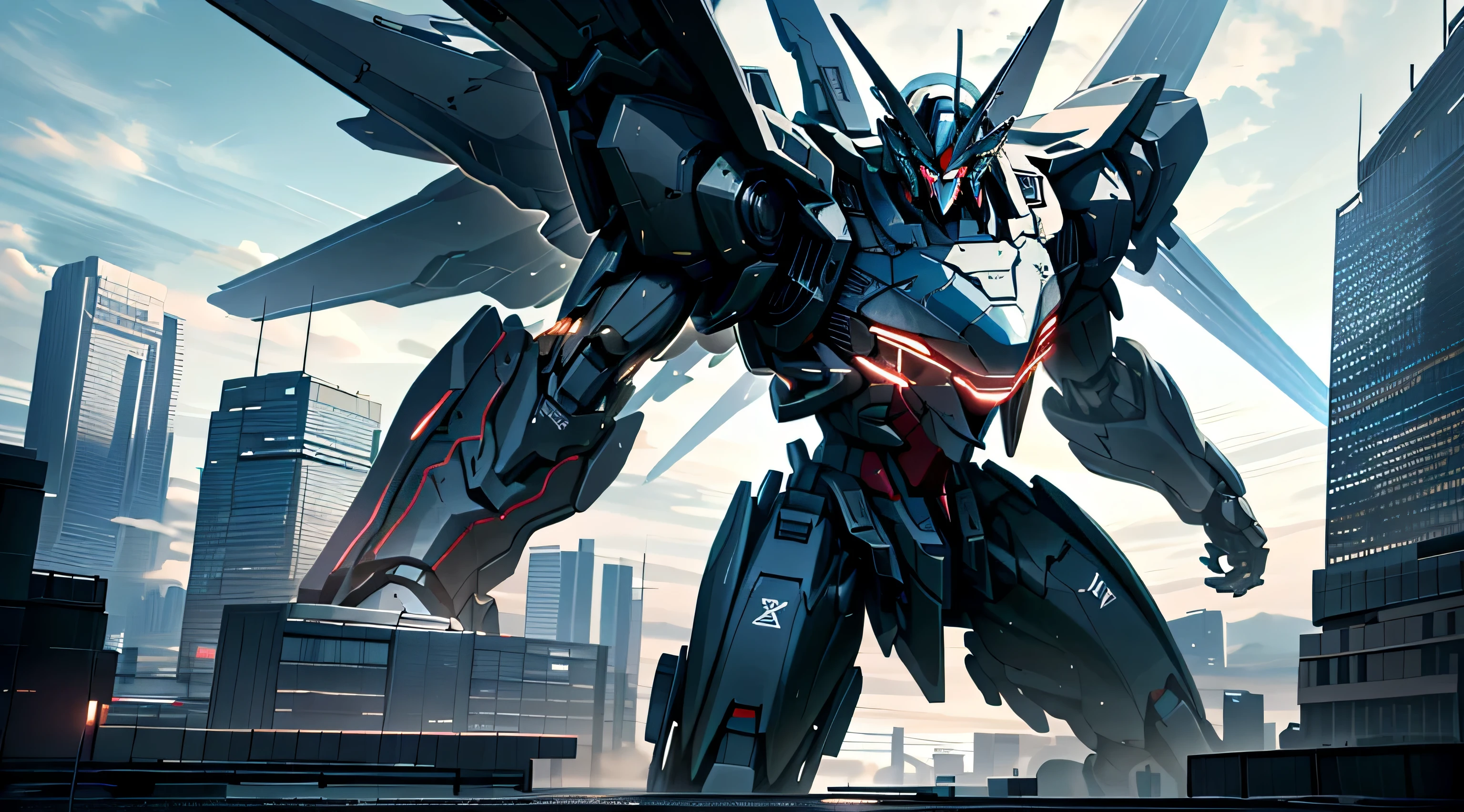 sky, cloud, holding_weapon, no_humans, glowing, robot, building, glowing_eyes, mecha, science_fiction, city, real, mecha, masami ohari, gundam, giant, 4k ultra