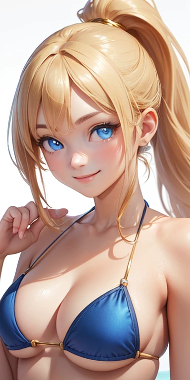 baby face, (very long gold hair:1.5,sidelock:1.5,ponytail), (photorealistic:1.3), (masterpiece, sidelights, exquisite beautiful eyes: 1.5), masterpiece*portrait, realistic, 3D face,,kawaii face,front view: 1.6、 (glowing blue eyes:1.2),plump face:1.5,(tareme:1.5)、(evil smile:1.2),Rosy Mouth,Slim Body,abs, shiny hair, shiny skin: 1.5、medium breasts,cleavage、solo,(stand)、(micro bikini)、(charactor focus、portlate、upper body:1.5),beach